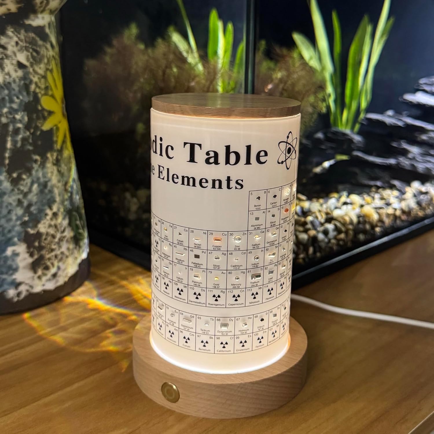 Periodic Table with 83 Real Elements Inside, 3D Real Element Periodic Table Samples Samples with Wooden Stand & LED Light, for Teaching Tool, Gift for Kid, Students, Teacher, Science Lovers