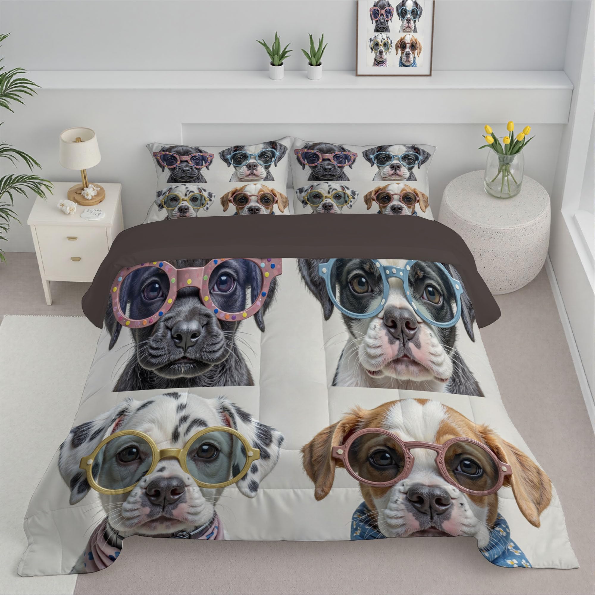 Trapunta Letto Singolo 4 Stagioni Piumone per Bambini, Cane Indossava Occhiali Sole Leggero Semplice Animale Set di Biancheria da Letto 140x200cm con 1 Federe,Piumino Lavabile In Lavatrice