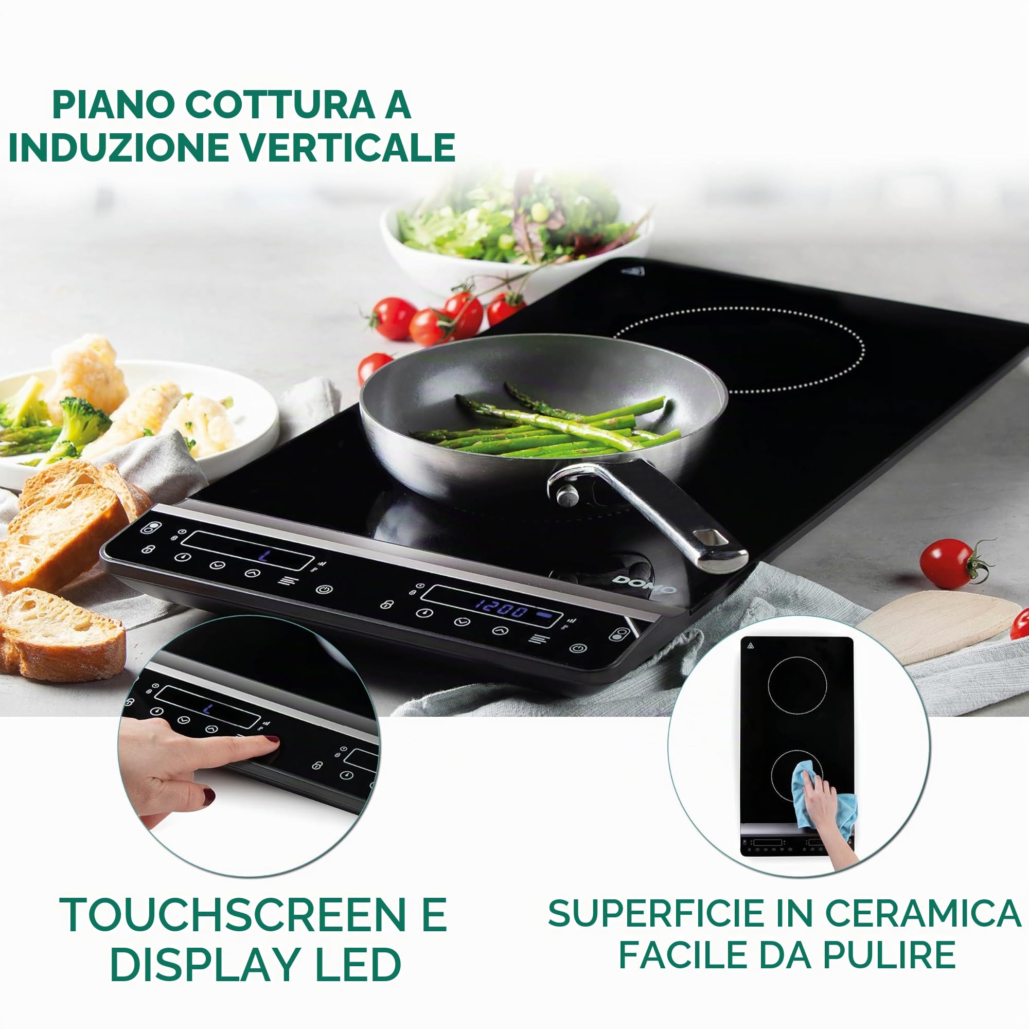 DOMO DO30211IP - Piastra di cottura a induzione verticale, 2 piani cottura, con timer