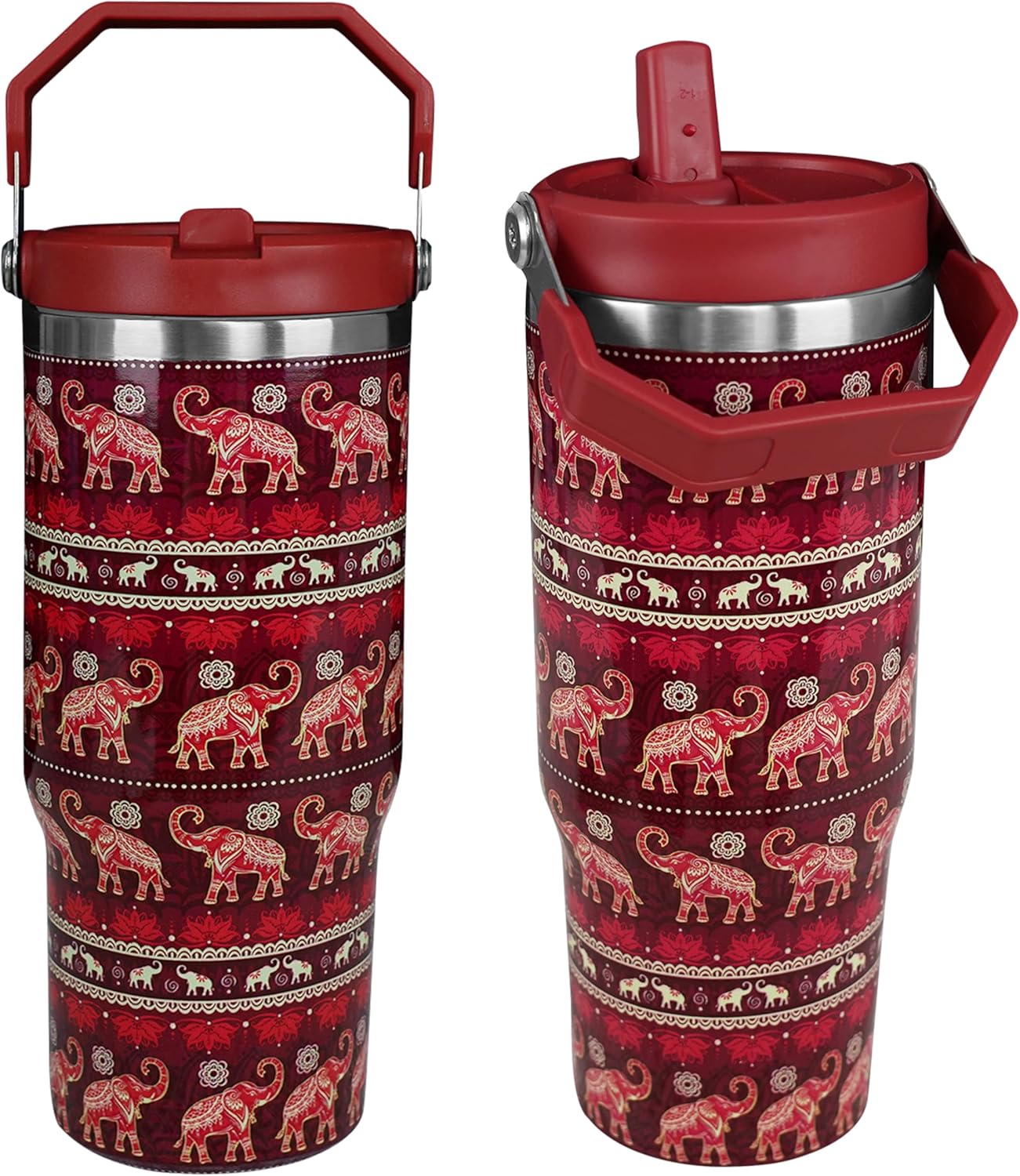 cahduenx 30 oz Elephant Tumbler with Straw Handle, Vintage White Elephant Christmas Gifts for Women, Stainless Steel Insulated Water Bottle Coffee Cups for Home Office Travel(Red)
