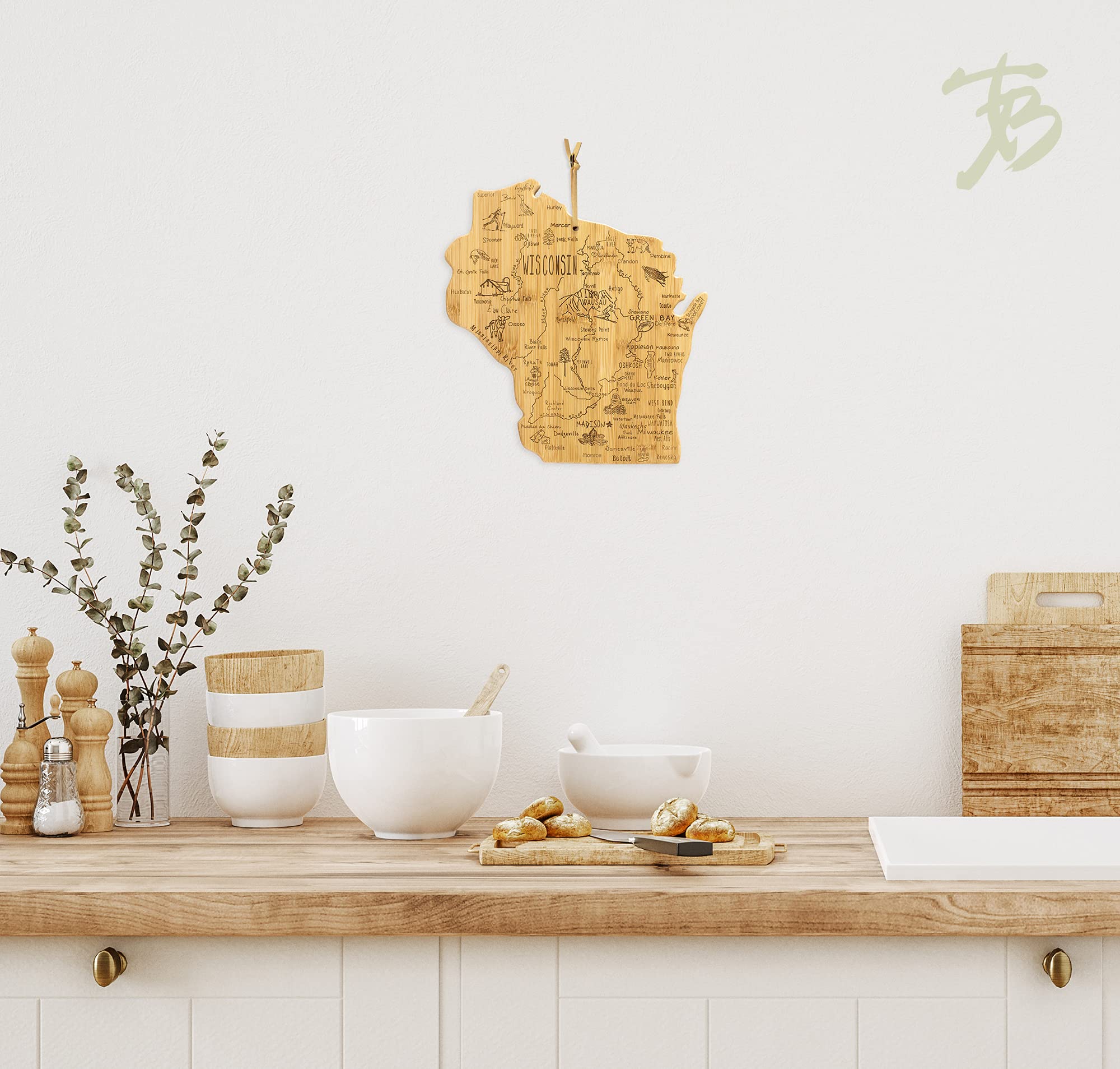 Totally Bamboo Destination Wisconsin State Shaped Serving and Cutting Board, Includes Hang Tie for Wall Display
