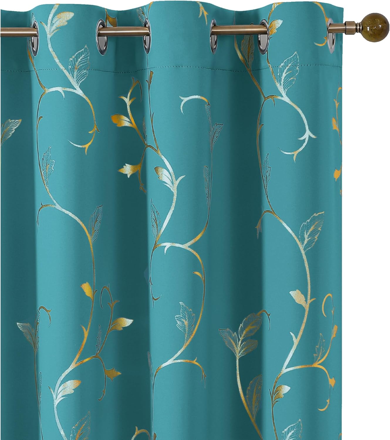BUHUA Blackout Curtain 2 Panel Set Gold Vine Foil Print Thermal Insulated Drapes Room Darkening Curtains Grommet Window Treatment, 52 x 84 Inch, Teal Blue