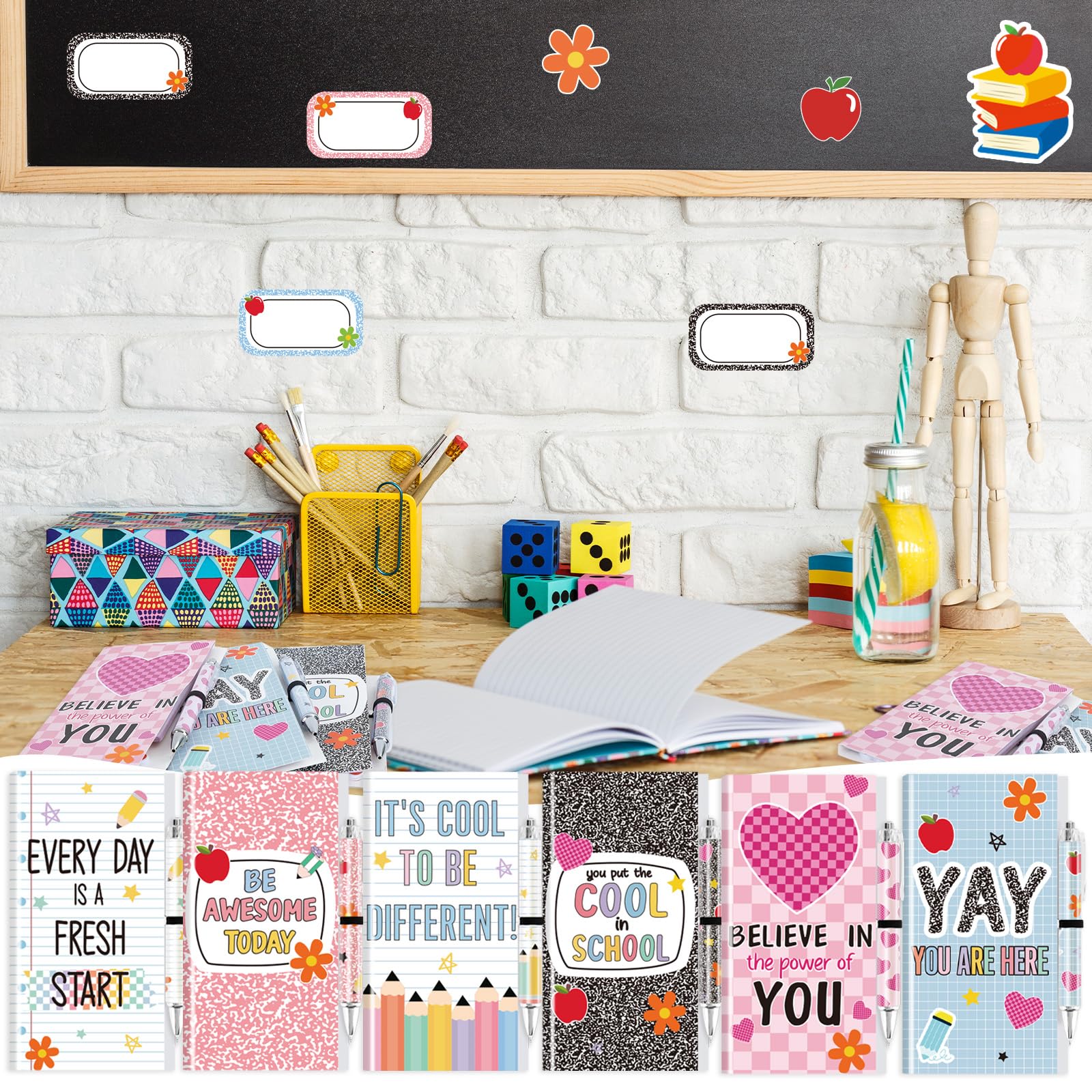 Confezione da 6 foglietti adesivi per il rientro a scuola e penna con scritta "Welcome Back to School", idea regalo per studenti, regalo per il primo giorno di scuola, regali per insegnanti (classici)