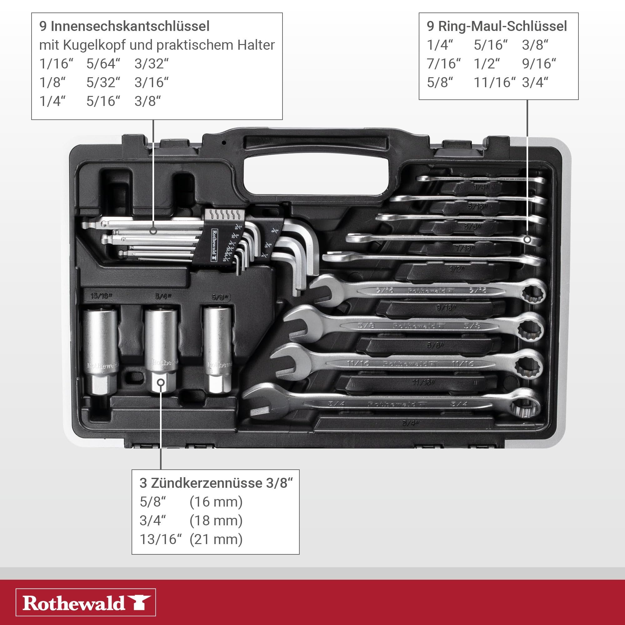 Rothewald Zoll Werkzeugsatz, 92 Teile, Herausnehmbare Bithalter Für Zoll-Bits, Feinverzahnte Ratschen, Erleichtert Kontrolliertes Schrauben, Chrom-Vanadium-Stahl