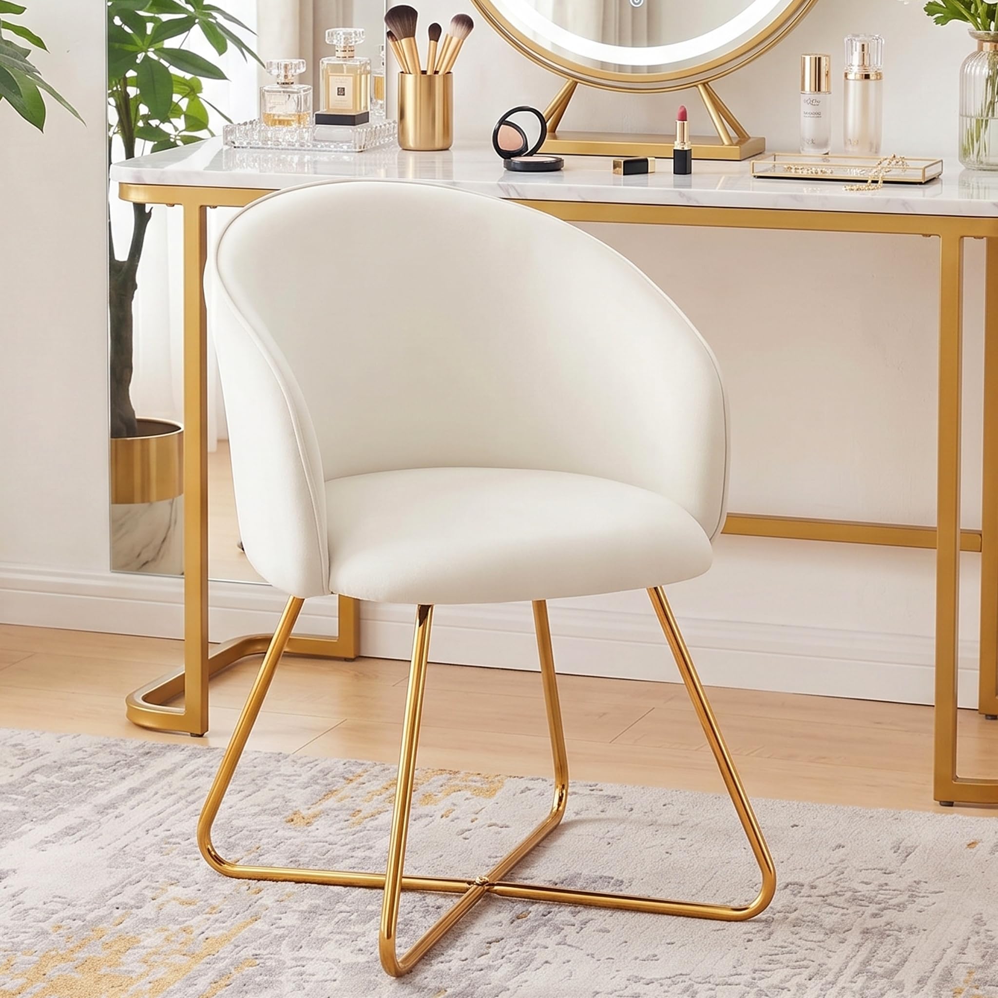 Hellove Sedia Toeletta Trucco con Gambe in Gold Metallo,Moderne Velluto Poltrona Camera da Letto, Poltroncina,Poltroncine Imbottite,Sedia Laterale per Camera da Letto/Soggiorno/Vanità,Beige