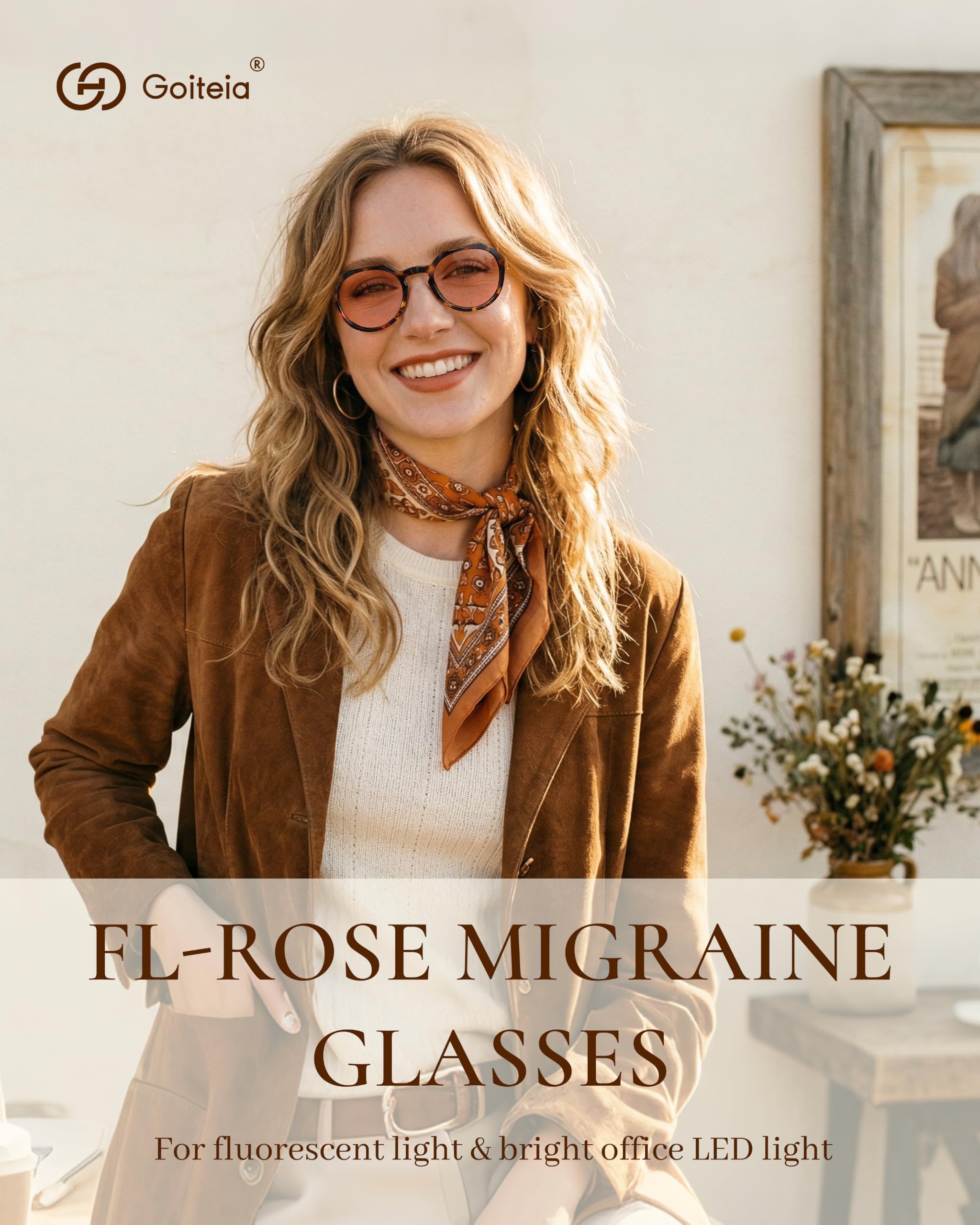 Goiteia FL-Rose Occhiali per emicrania, occhiali per sensibilità alla luce fluorescente e luce LED da ufficio, montatura in acetato fatti a mano con elegante look quotidiano, leggeri