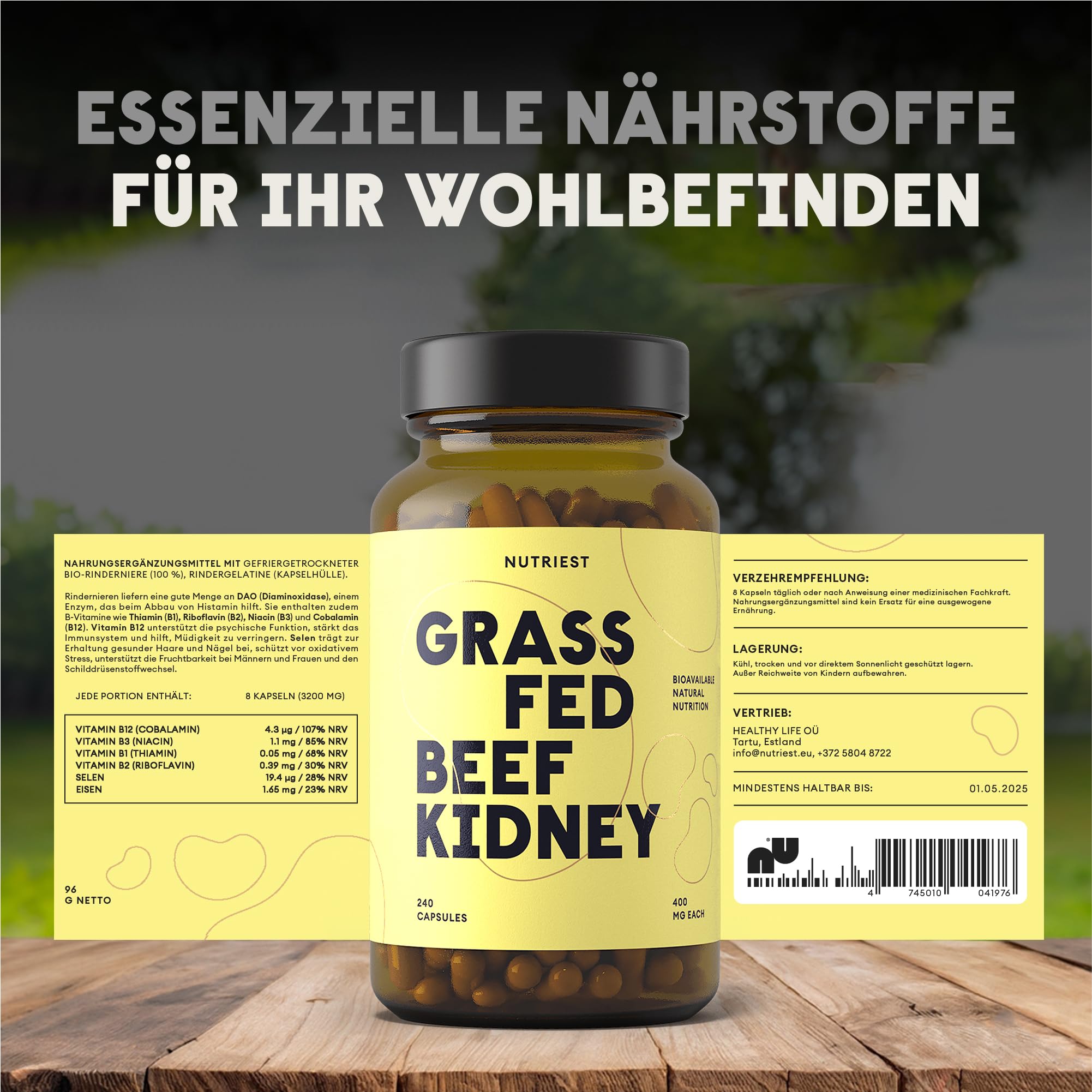 Nutriest Rinderniere Kapseln (240 Stück) – Natürliche DAO-Quelle | Bei Histaminintoleranz | Bio-Rind aus EU-Weidehaltung | Diaminoxidase (DAO) Enzym