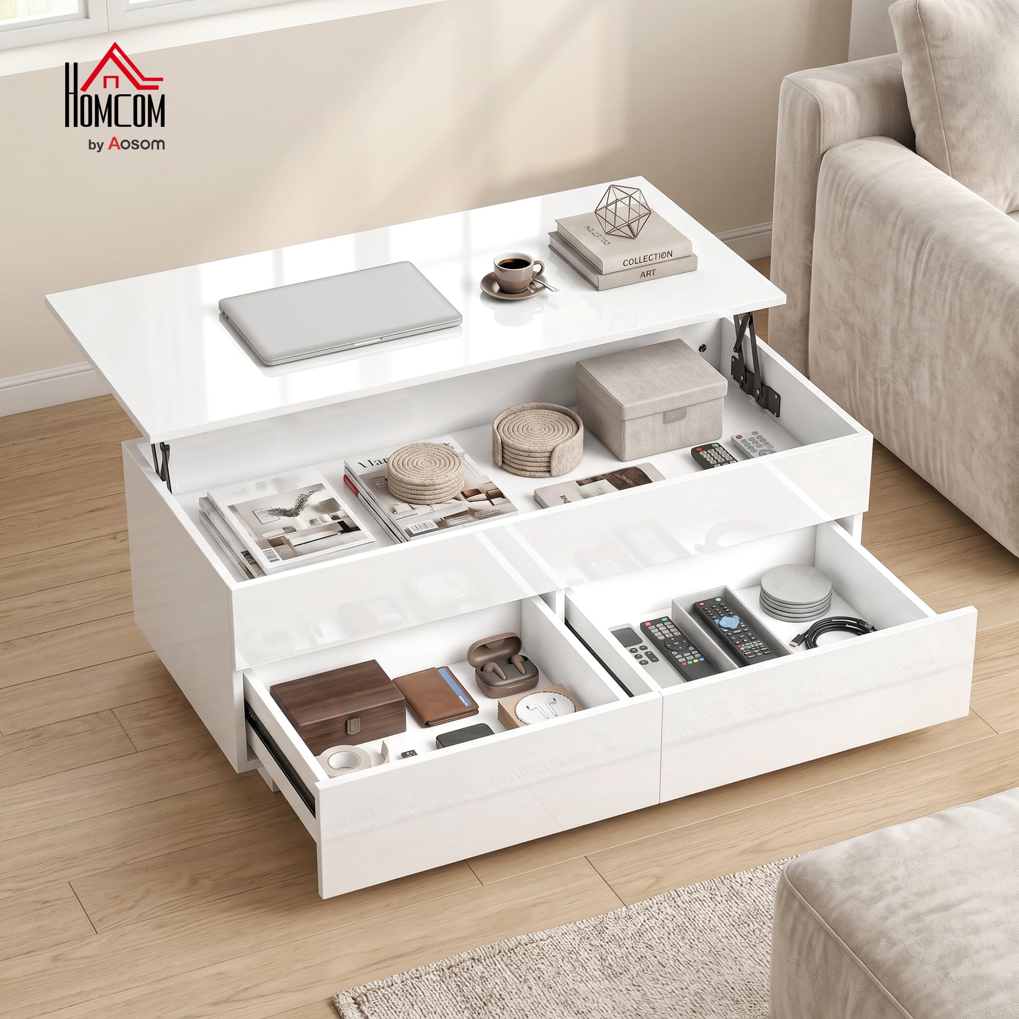Table Basse HOMCOM réglable en Hauteur, Table de Salon avec Plateau relevable, 2 tiroirs et Espace de Rangement caché, Table Basse pour Salon, Blanc Brillant