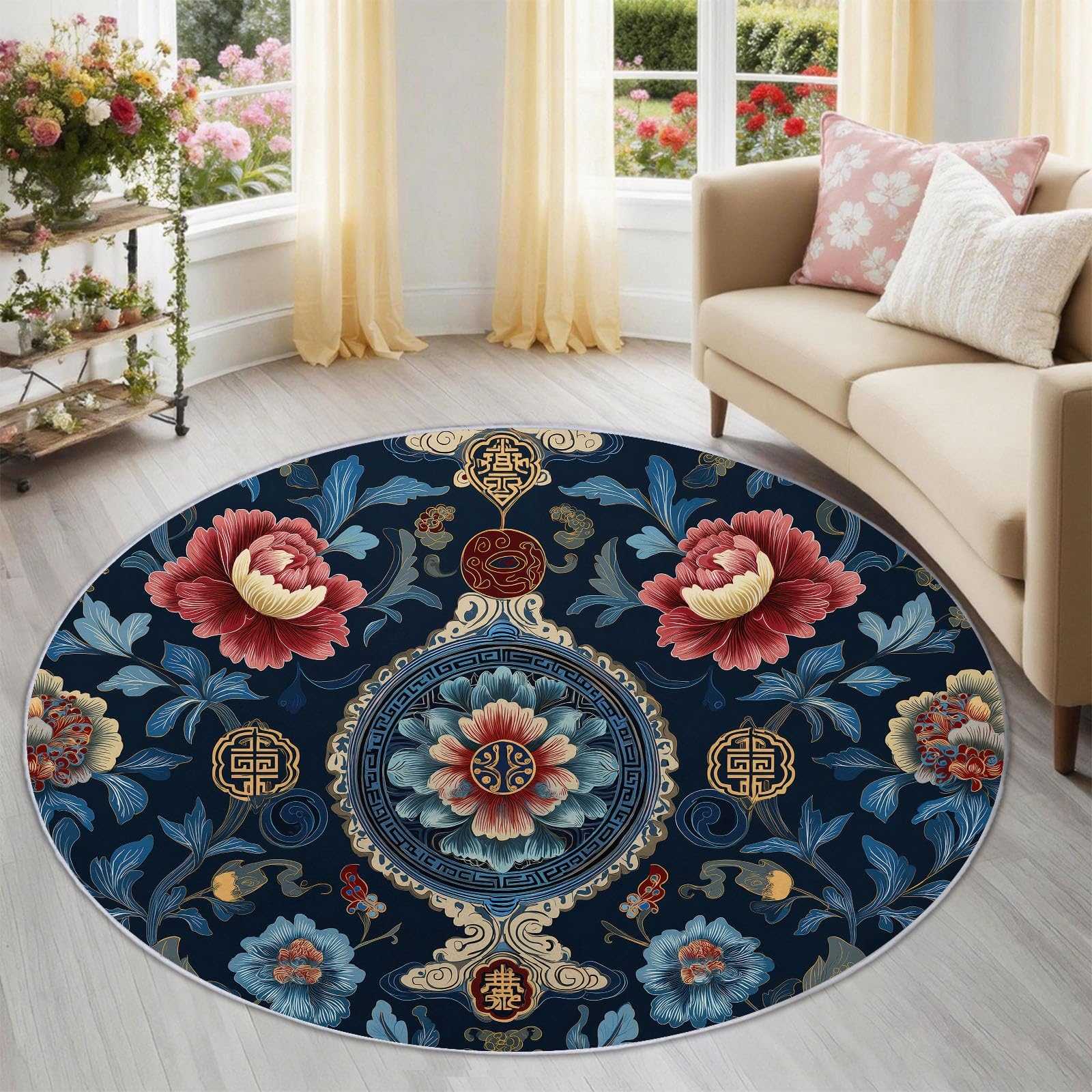Tapis rond de style chinois bleu 90 cm aux fleurs porte-bonheur de qualité supérieure