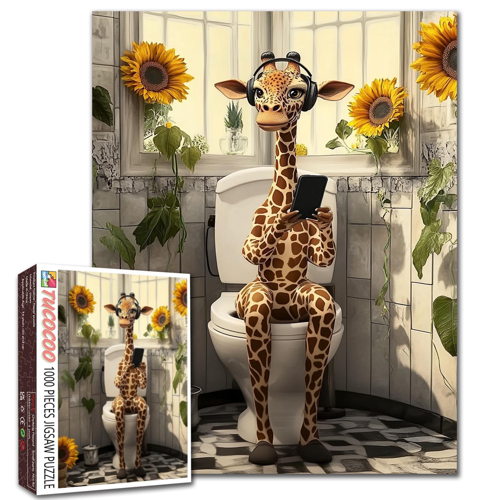 Giraffe Listening to Music 1000pc Puzzle Rustic Bathroom 50x70cm Farmhouse Wall Art Challenging Family Activity Games Colorful DIY Craft Puzzle for Home Decor Gifts