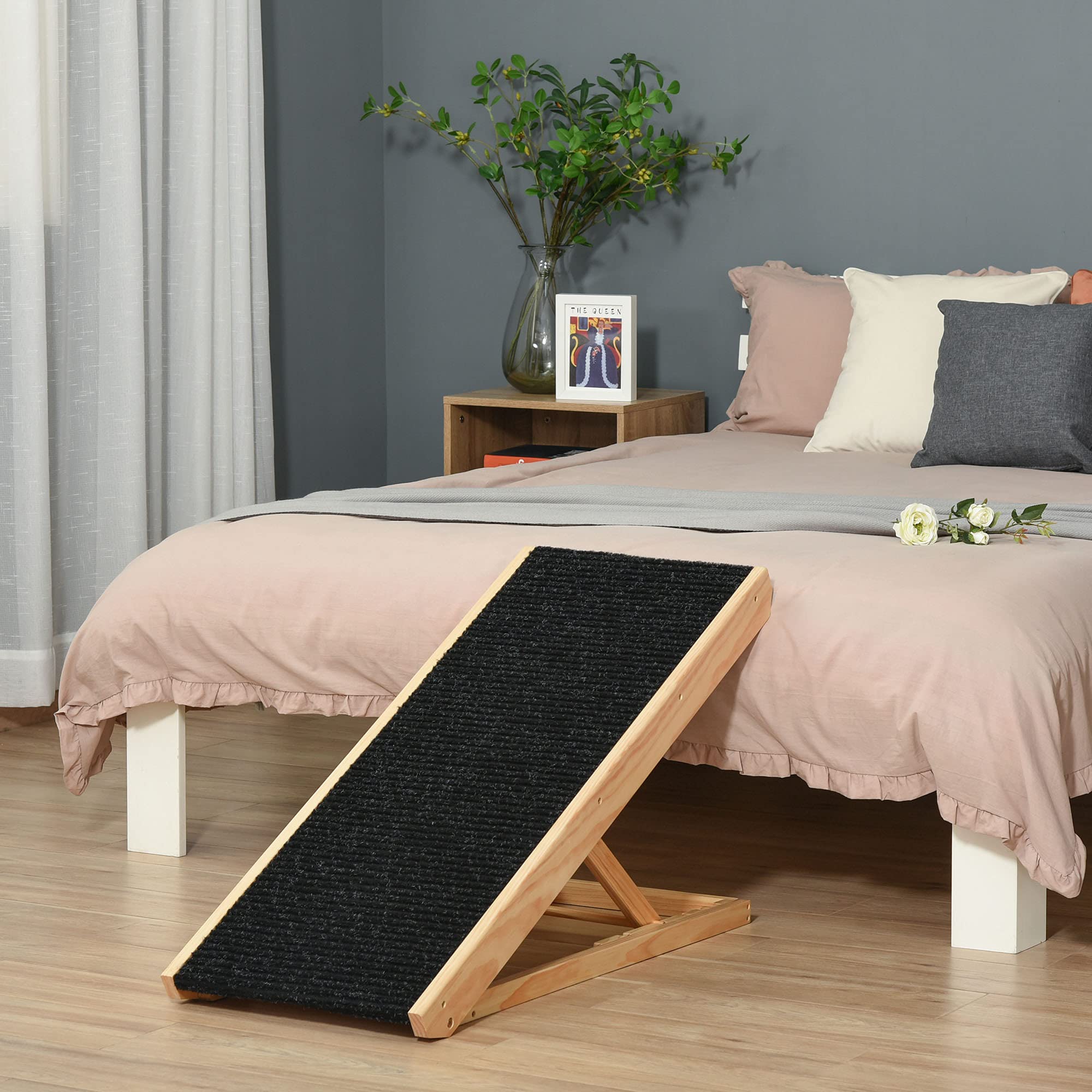 PawHut Rampa para Perros y Gatos Plegable de Madera 90x40x61 cm con Altura Ajustable de 4 Niveles y Alfombra Antideslizante Escaleras de Mascotas para Coche Cama y Sofá Natural