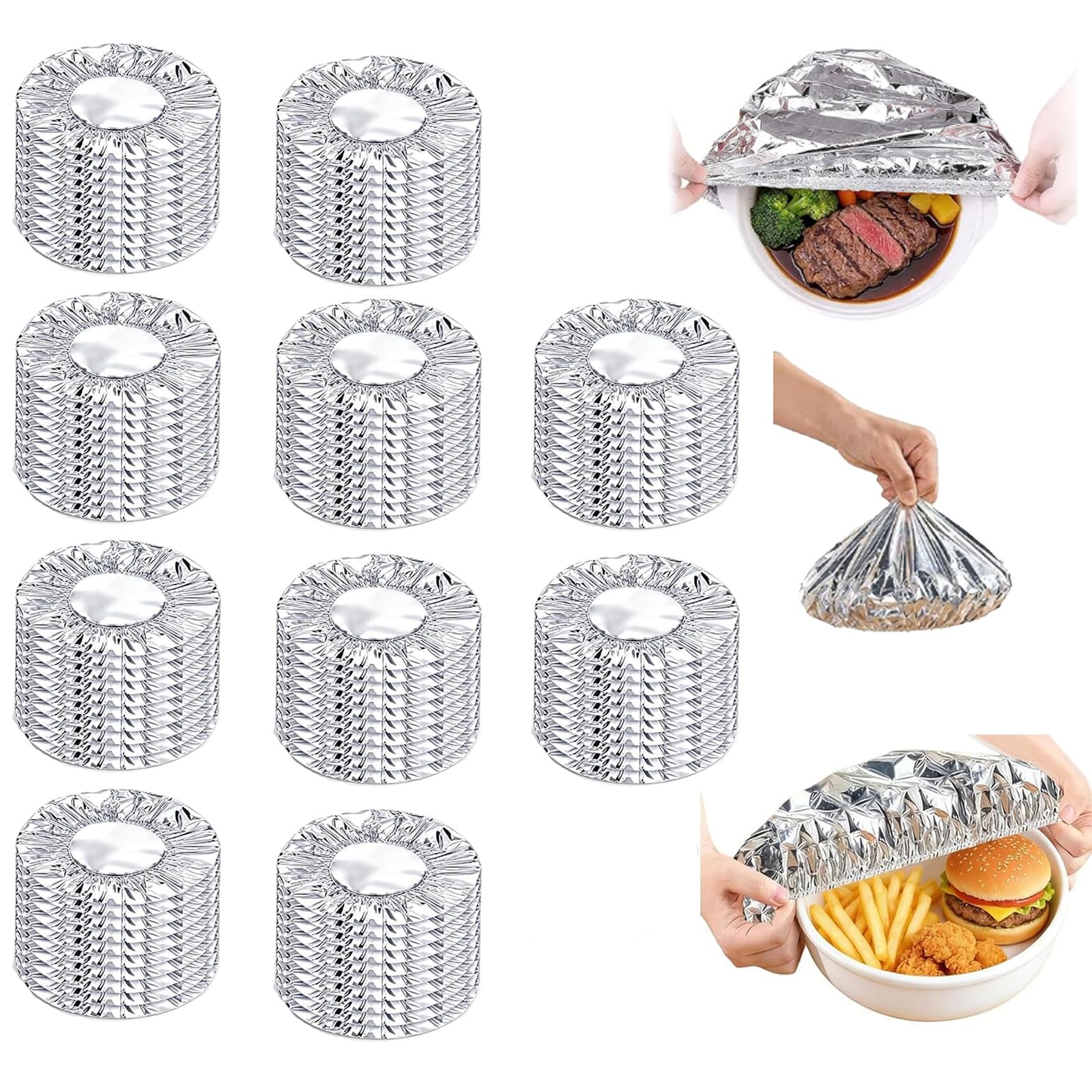 30 PCS Reusable Aluminum Foil Food Covers, Aluminum Covers with Elastic for Food, Insulated Foil Food Covers for Home Dining Parties Outdoor Picnics Fits Plates, Bowls, and Containers (100pcs)