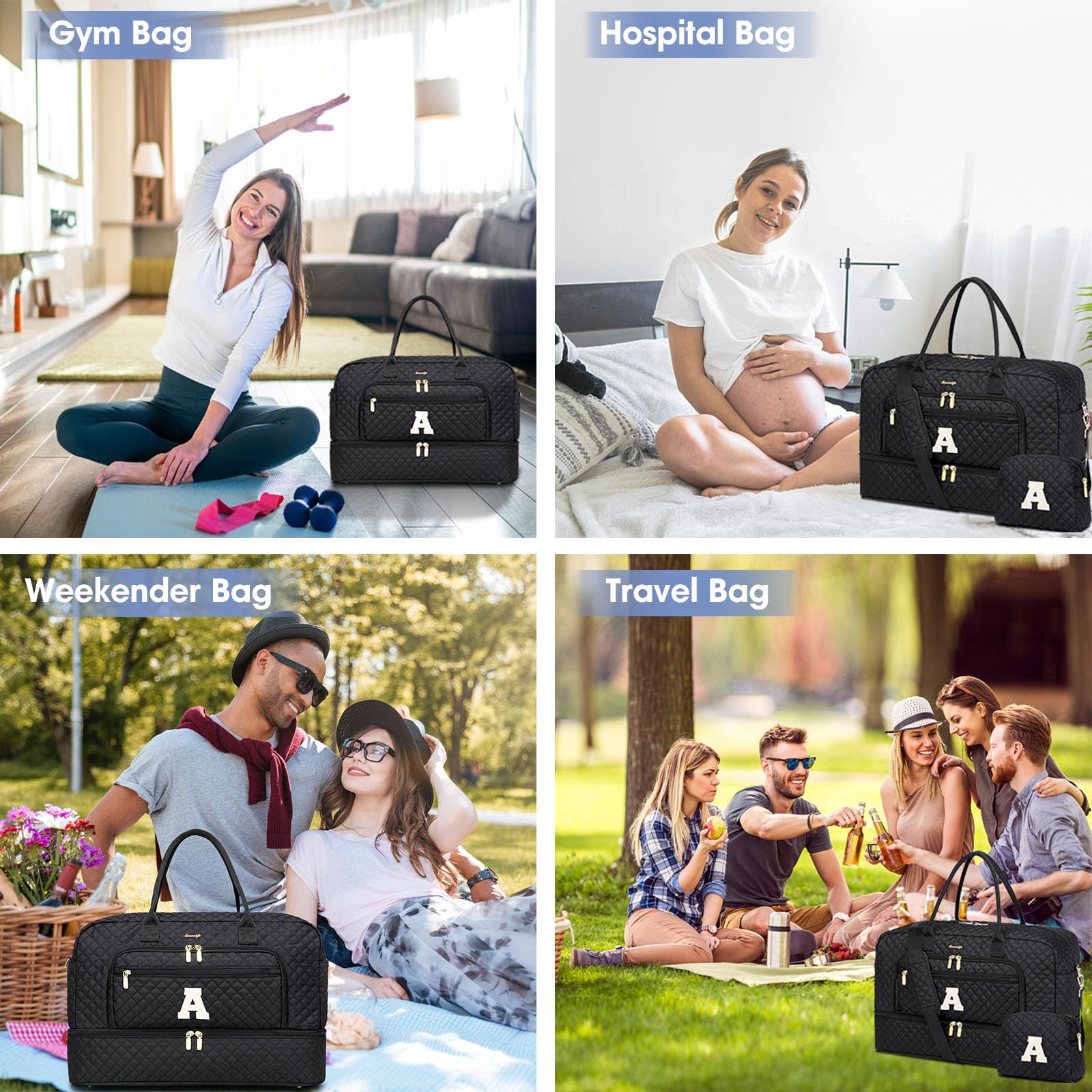 Initial Travel Duffle Bag for Women - Black Personalized Weekender Bags Overnight Bag with Shoe Compartment & Wet Pocket Weekend Tote Bags with Toiletry Bag Monogram Gifts (Letter A) view 6