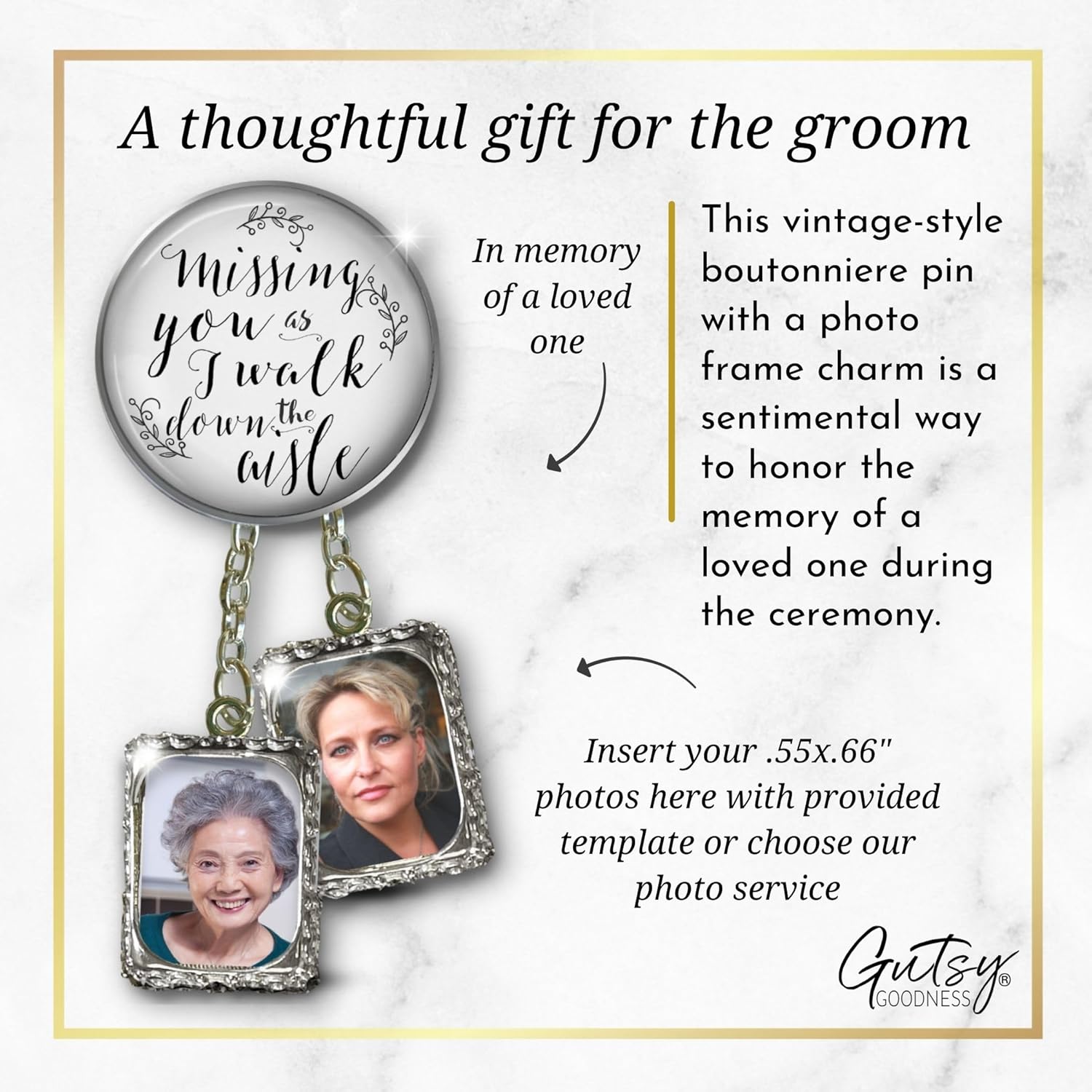 Gutsy Goodness Grooms Boutonniere Lapel Pin Missing You Wedding Day Memorial Photo Charm Parent Grandparent Friend Memory - Personalize Picture in Frame Option - Handmade Mens Brooch - Card Gift Box - Image 4