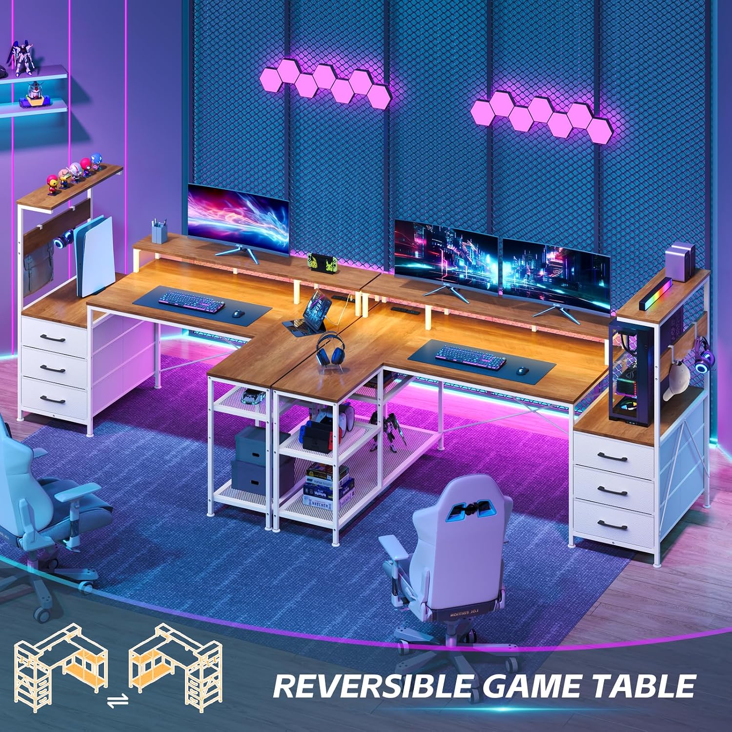 Diagram illustrating the reversible design of the L-shaped desk