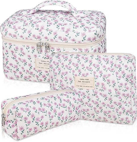 Miniatura 16 de Set de bolsas de maquillaje, bolsa de maquillaje acolchada, bolsa de cosméticos floral grande para mujeres, lindas bolsas de maquillaje de algodón,