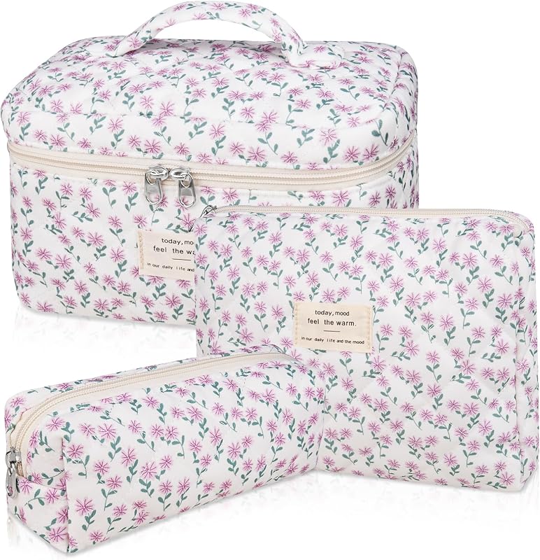 Gosect Conjunto com 3 necessaires de maquiagem de algodão, estojos acolchoados com estampa floral roxa e zíper