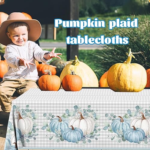Miniatura 2 de 3 manteles de calabaza de Acción de Gracias, manteles rectangulares de plástico a cuadros de calabaza azul, decoración de fiesta de Acción de