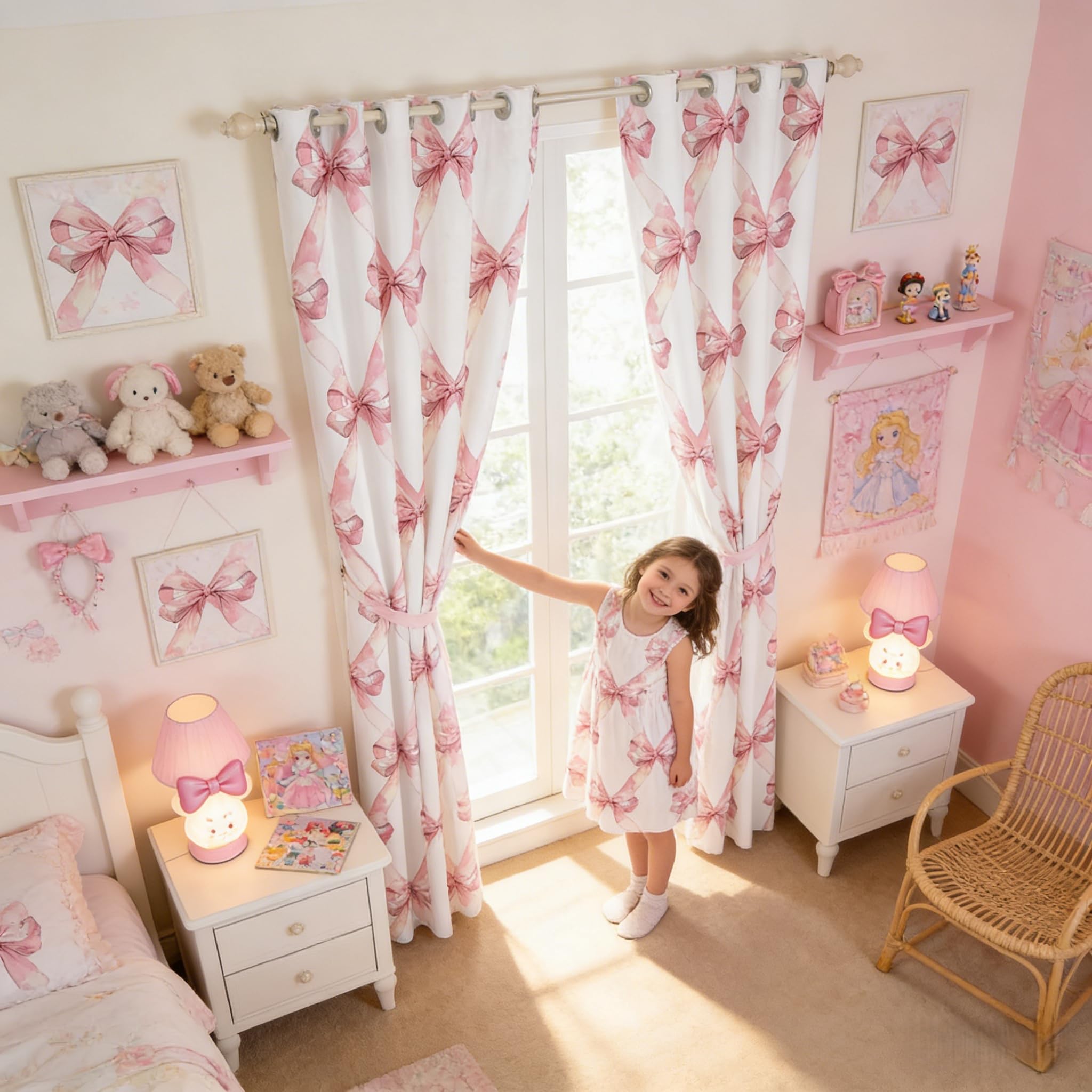 feelingyou Pink Bowknot Curtains for Windows,Dreamy Princess Style Curtains for Living Room,Watercolor Bow Geometric Grids White Blackout Drapes 2 Panel Sets,46x72L โ image 1