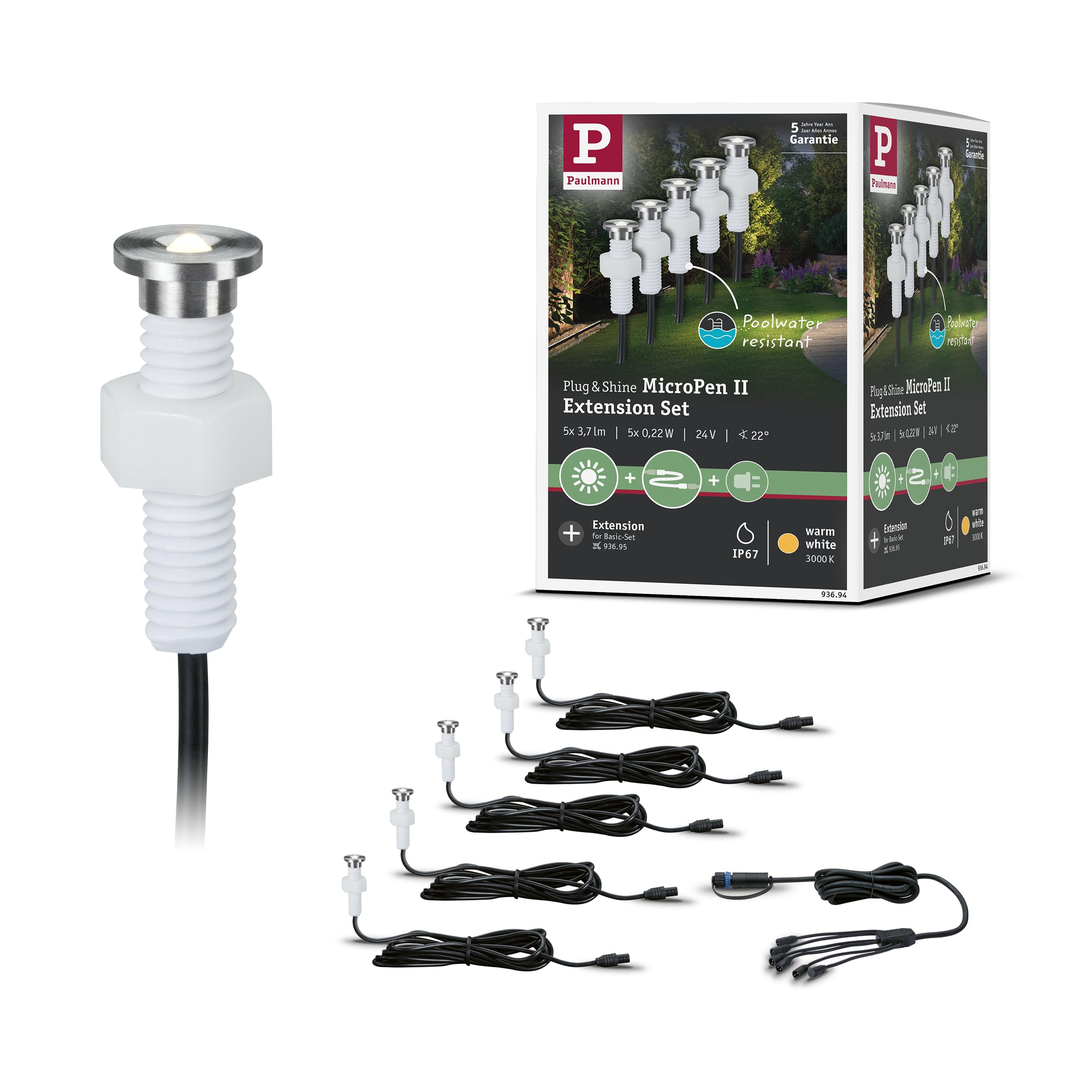 Paulmann 93694 Outdoor Plug&Shine Kit encastrés extérieur MicroPen II, 5x0,22W, IP67, 3000K, Acier inoxydable