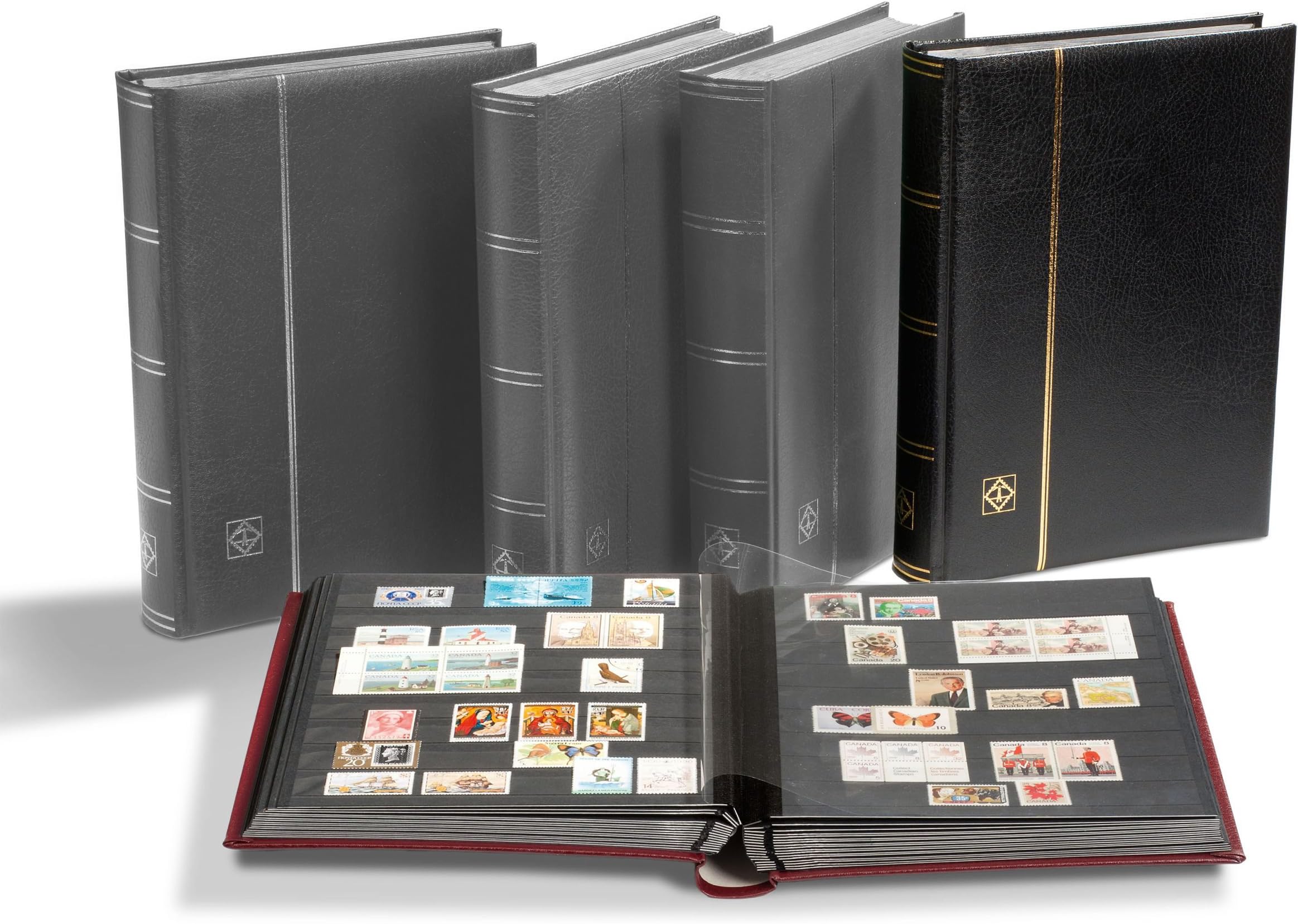 LIGHTHOUSE – “PREMIUM” Bonded Leather Cover Stockbook for Stamps - 64 Black Cardstock A4 Pages with Clear Strips and Double Linen Hinges - Black