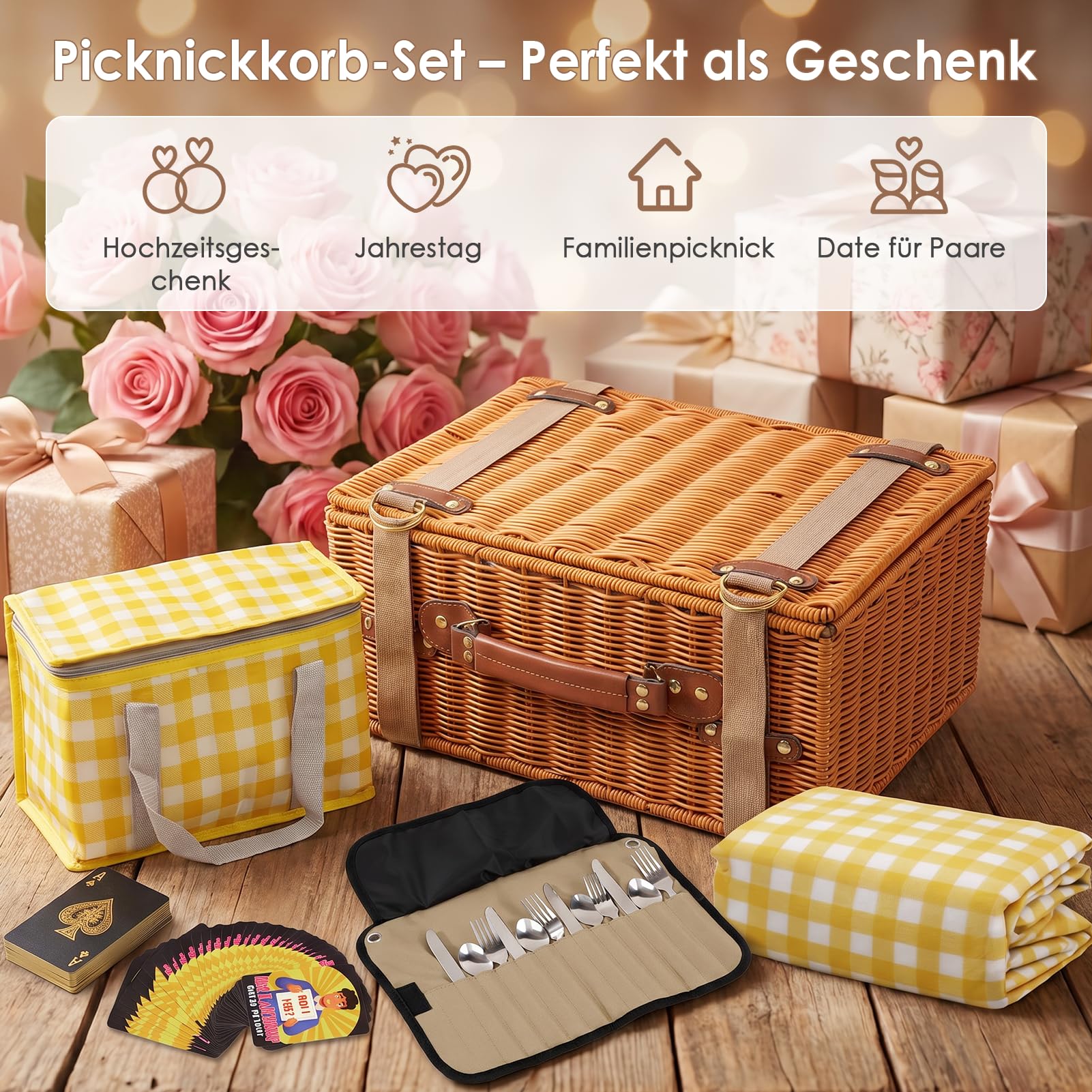 DEWEL Picknickkorb Set mit Picknickdecke 200 × 200 cm, separater Kühltasche, Bestecktasche und 2 Kartenspielen, großer Picknickkorb für Familie, Camping, Strand und Ausflüge, Gelb
