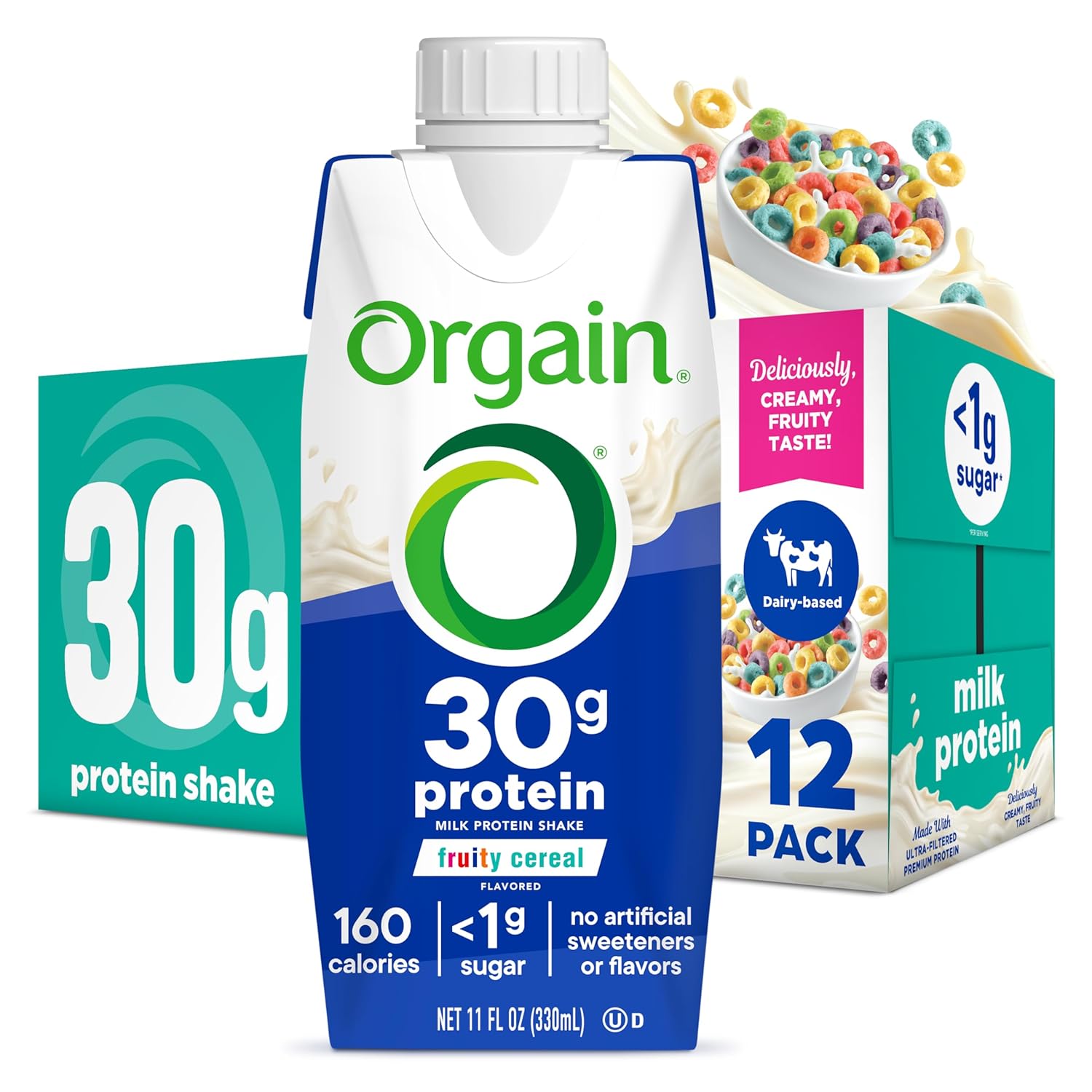 Orgain 30g High Protein Shake, Dairy Isolate Milk Protein, Fruity Cereal, 5g BCAAs, <1g Sugar Per Serving, Meal Replacement, Ready to Drink, Keto Friendly, Gluten-Free 11 Fl Oz (Pack of 12)