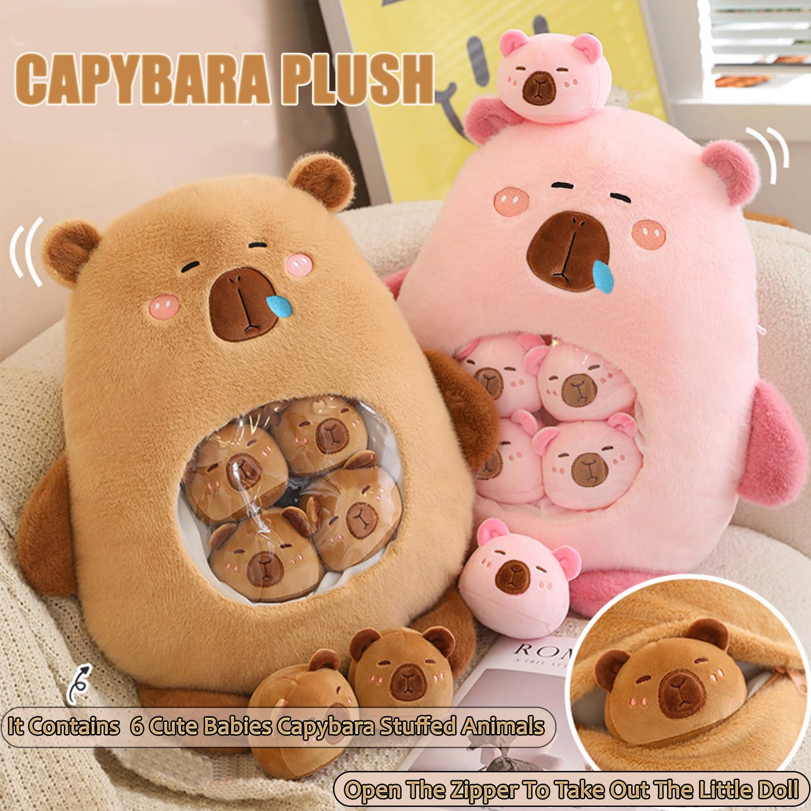 Capybara Plüsch mit 6 Niedlichen Babies, Stofftiere, Tasche mit Tier Snack Kissen, Super Soft Puppe Kissen für Baby Jungen Mädchen Spielzeug (Braun)