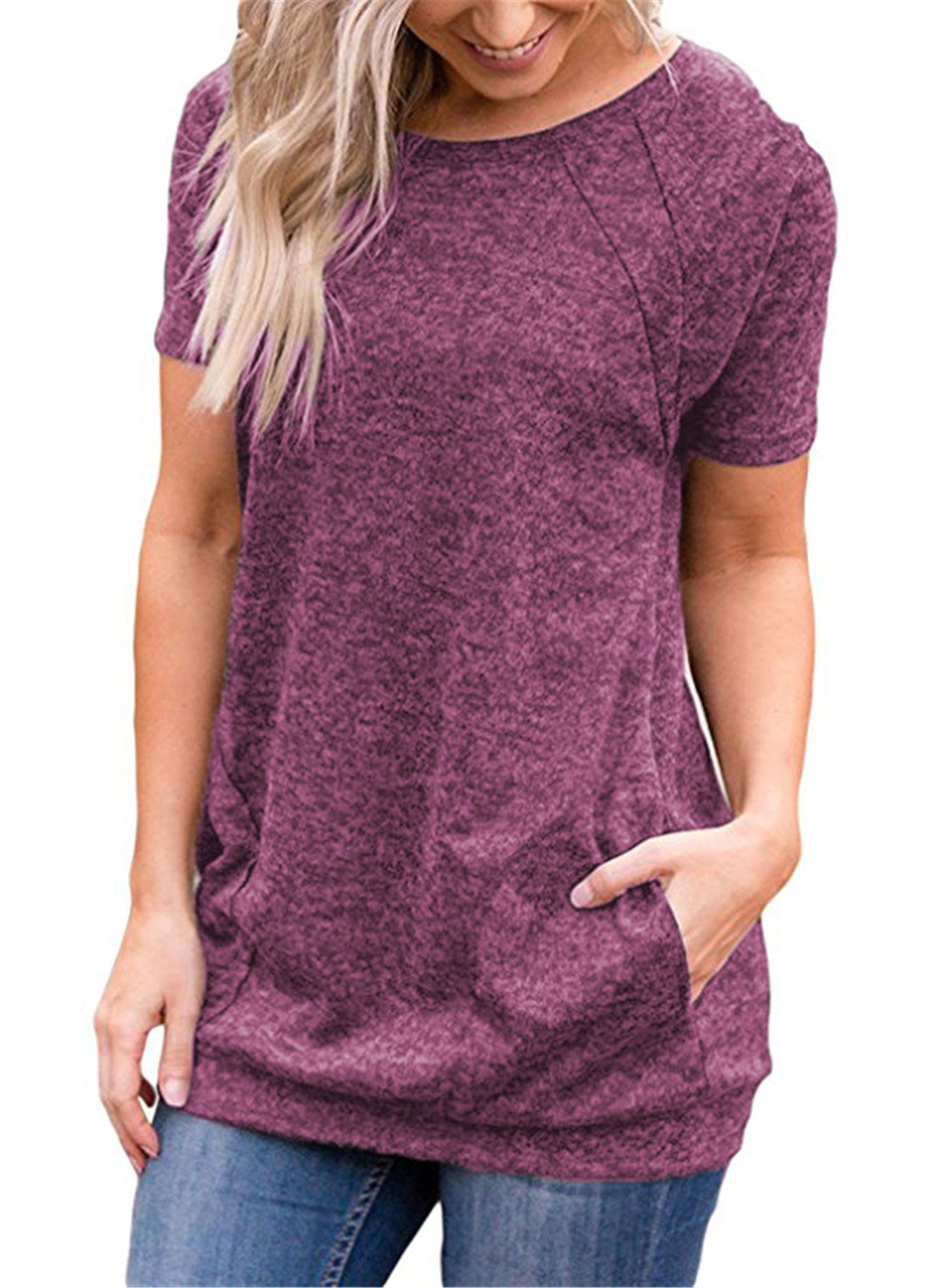 onlypuff Women Tunic Tops with Pockets Casual T-Shirts Loose Fit