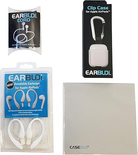 Miniatura 3 de Kit de accesorios para AirPods de Apple con ganchos EARBUDi para las orejas, funda para llavero, cordón para el cuello y paño de limpieza