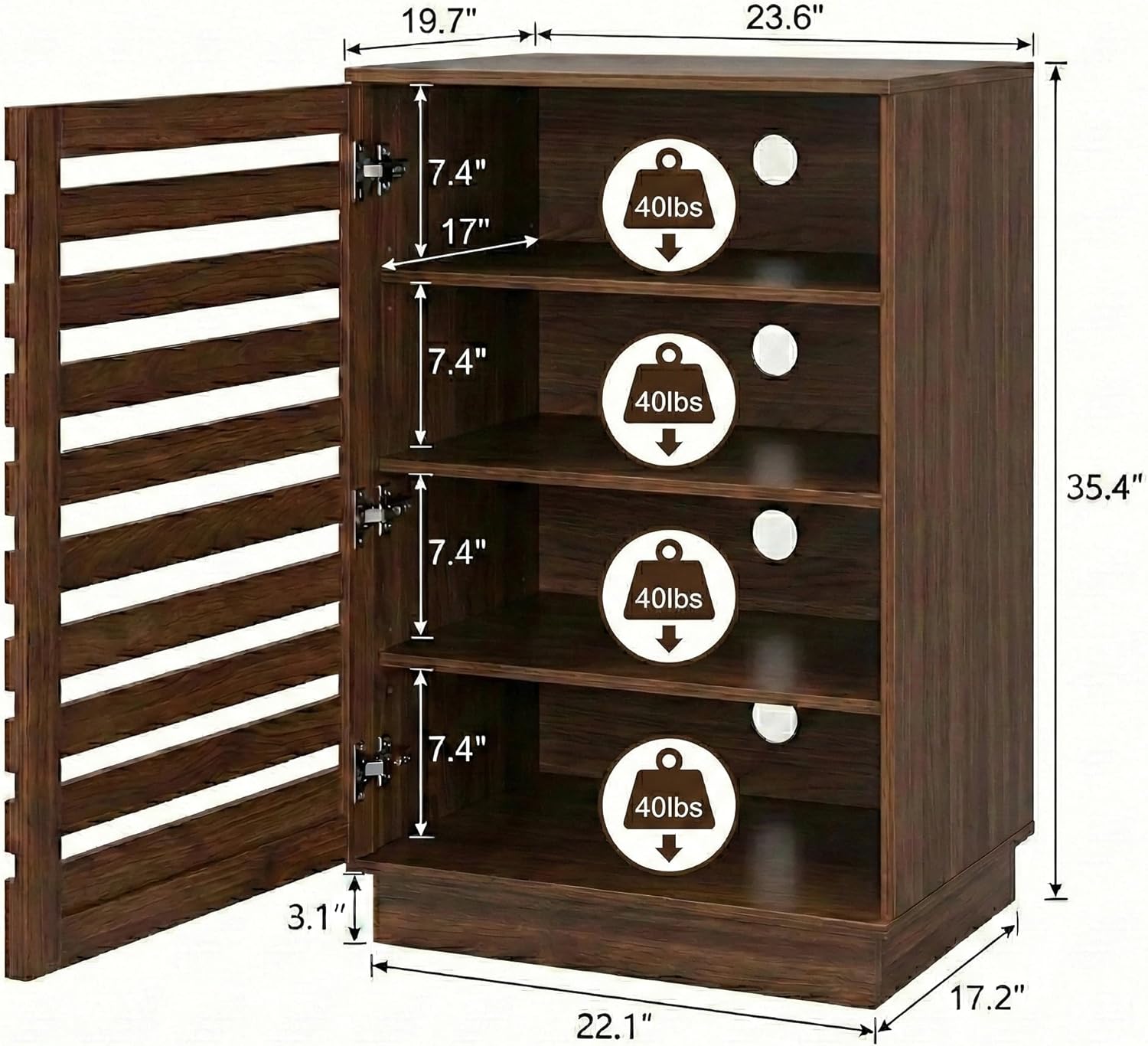 Modern Slatted Audio Component Cabinet, 4-Tier Stereo Equipment Rack Media Stand with Ventilated Door & Cable Management, Rustic Brown 35.4" Tall
