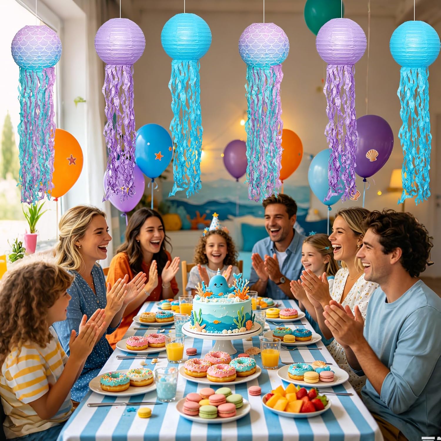 6 Pcs 8 Inch Jellyfish Paper Lanterns Hanging Jellyfish Paper Lamps Under The Sea Party Decorations with Hooks and Rope for Mermaid Birthday Ocean Theme Party Baby Shower Beach Room Decor