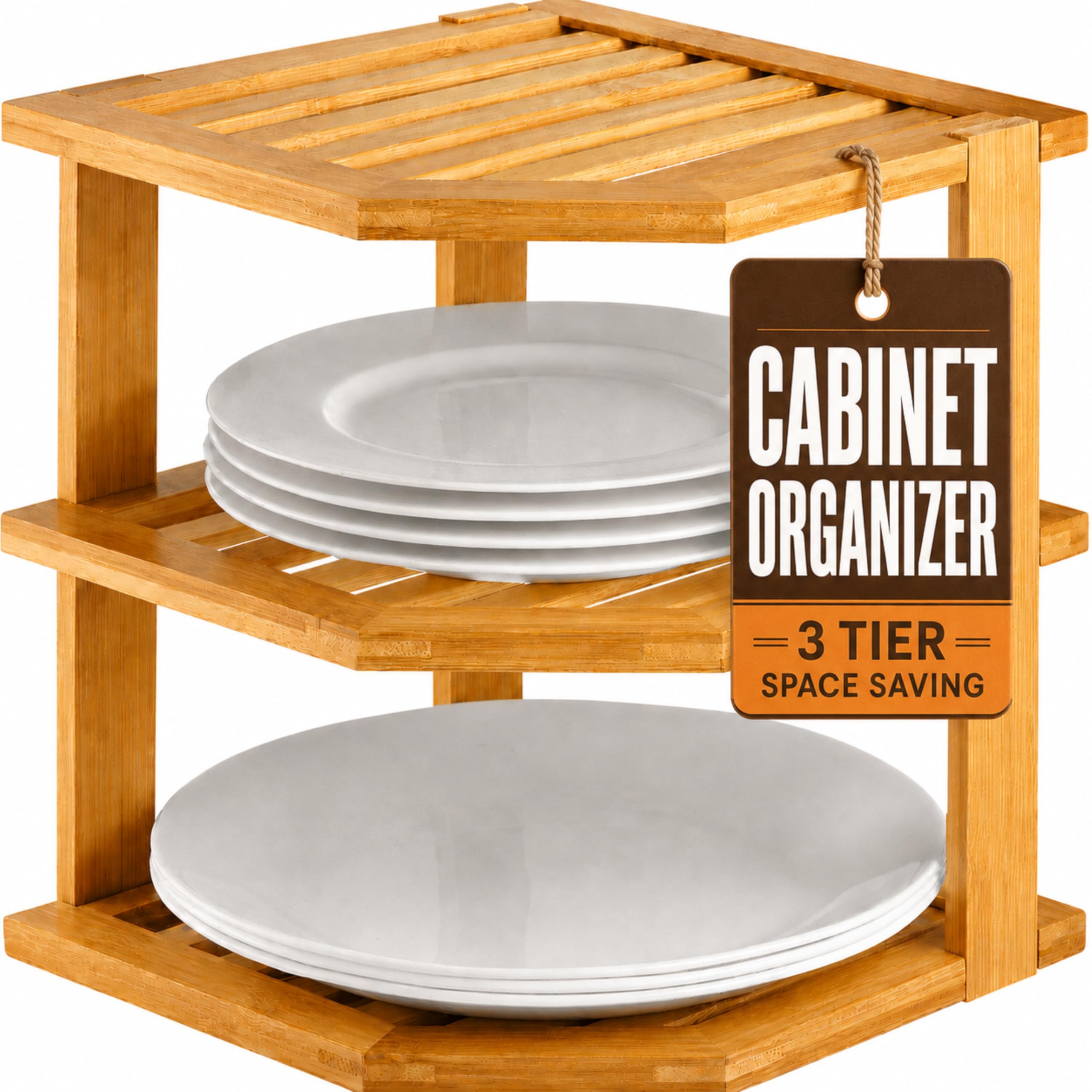 Bambüsi 3-Shelf Rustic Bamboo Corner Shelf Organizer - Kitchen & Bathroom Countertop & Cabinet Organizer