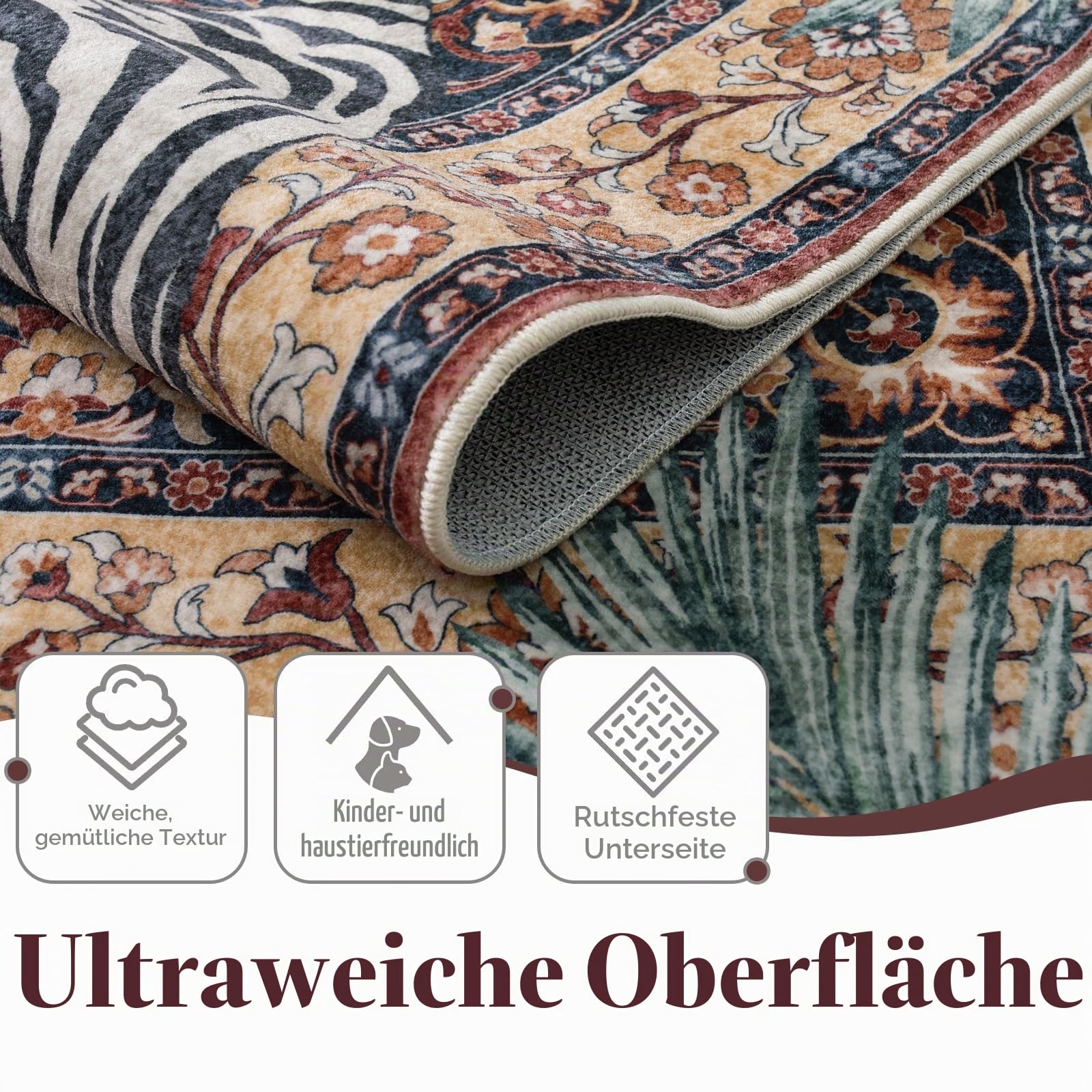 Moynesa Teppich mit Tigermotiv, groß, waschbar, Boho, Vintage, rutschfest, für Wohnzimmer, Esszimmer unter dem Tisch, ultradünn, weicher Bodenteppich für Büro, Schlafzimmer, 244 x 305 cm, Dunkelrot