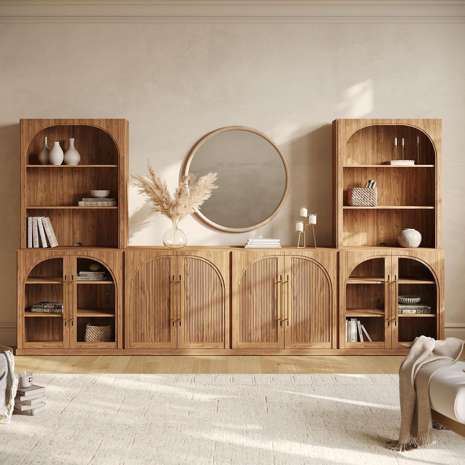  6-Piece Modular TV Stand Set - 2 Double-Arc Wood Door Sideboards, 2 Arched Glass Door Sideboards, 2 Hutch Cabinets, Classic Modern Media Console with Adjustable Shelves for Living Room, Camel thumbnail