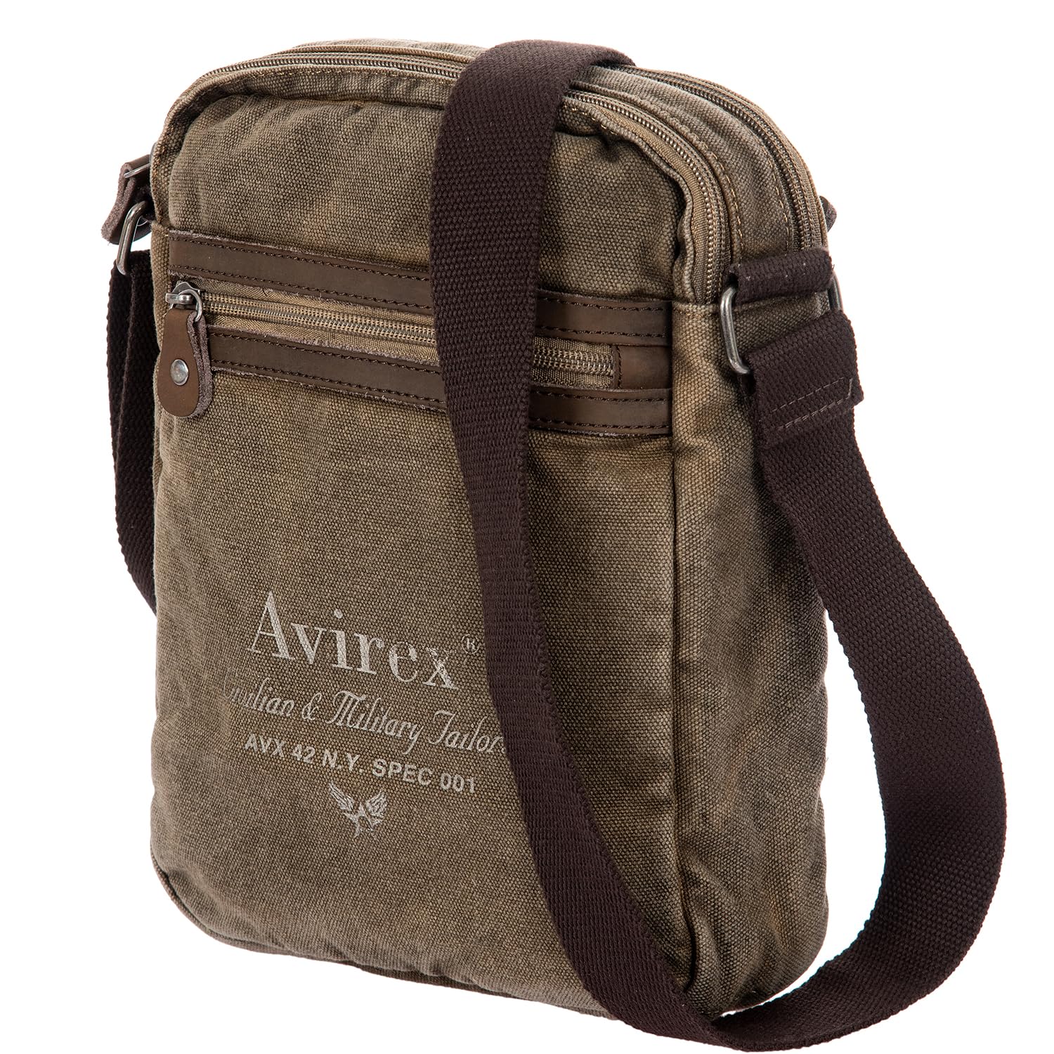 Avirex Borsello a Tracolla in Canvas e Pelle Bovina Anticata, Borsa a Tracolla Uomo in Stile Militare, Collezione 140506 CNV0H (Verde Kaki)