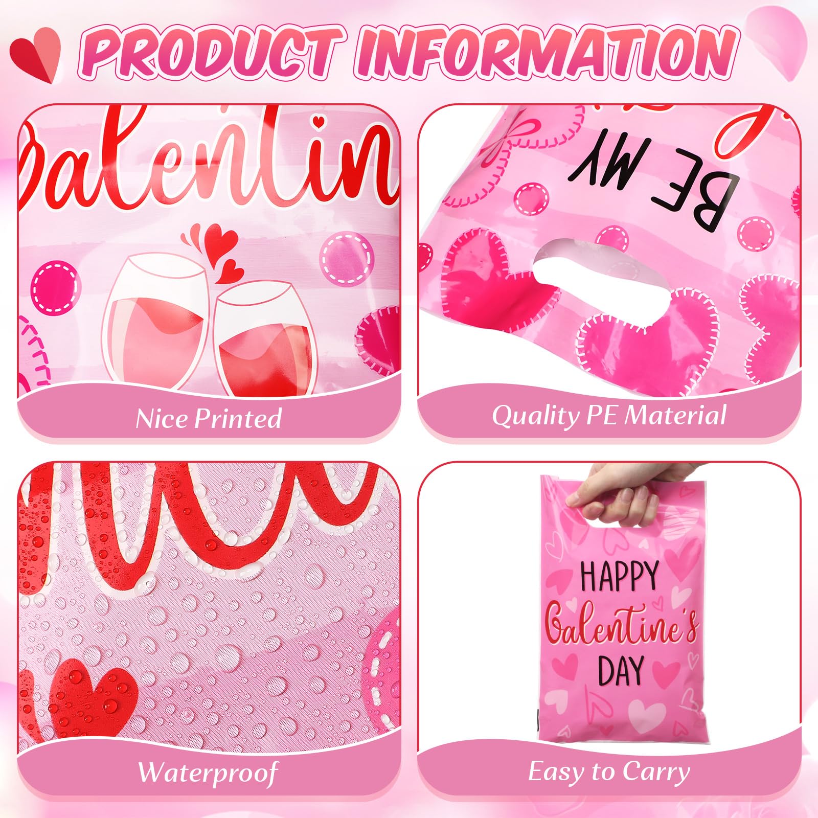 Teenyyou 60 Pcs Galentines Day Gift Bags Pink Red Plastic Heart Treat Bags Small Valentines Goodie Handbags for Women Sweet Day Friendship Party Supplies
