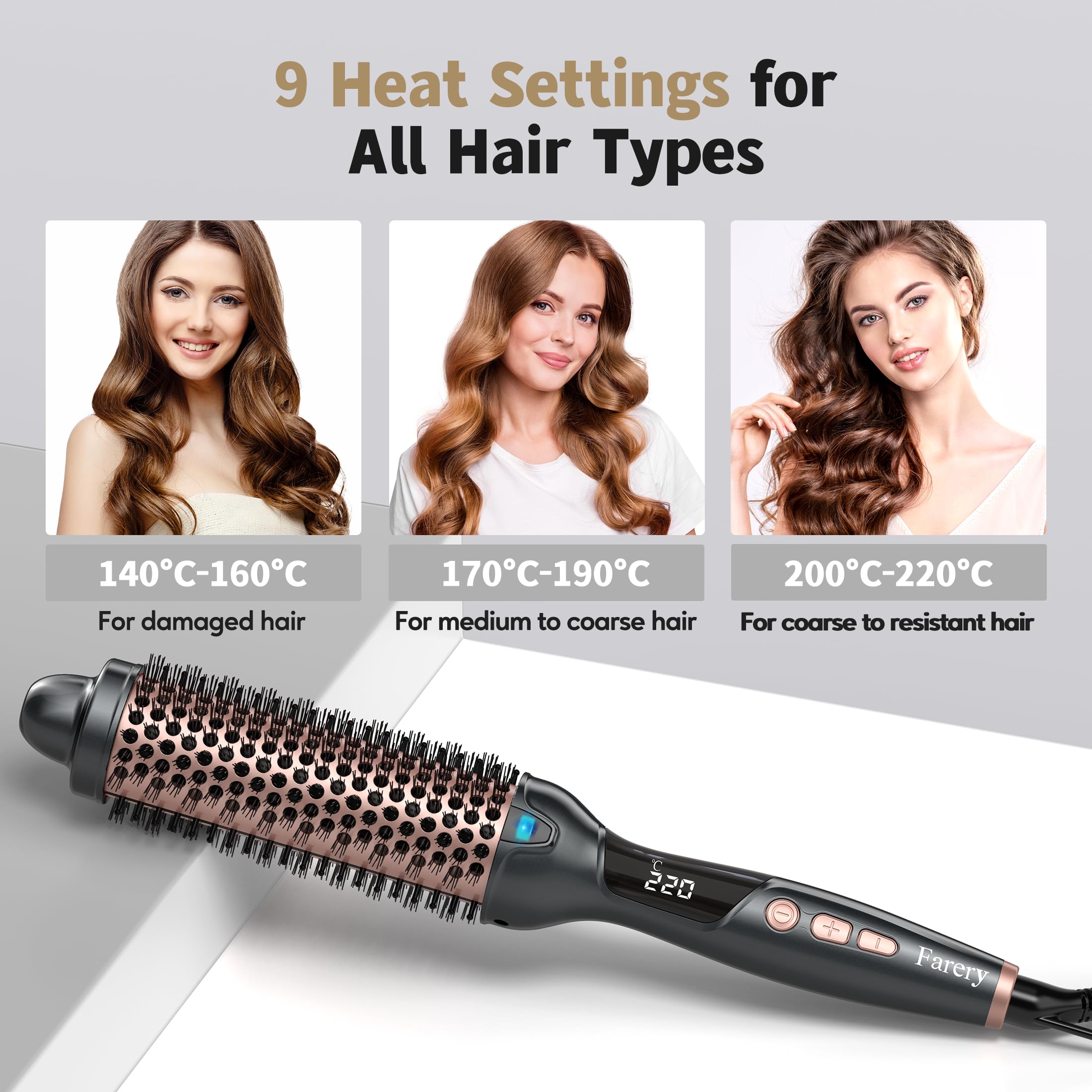 Brocha térmica Farery, Brocha caliente de 38mm para cabello suelto y voluminoso, Brocha térmica para rizado con cerámica, turmalina e iones, Brocha caliente con 9 temperaturas, Doble voltaje.