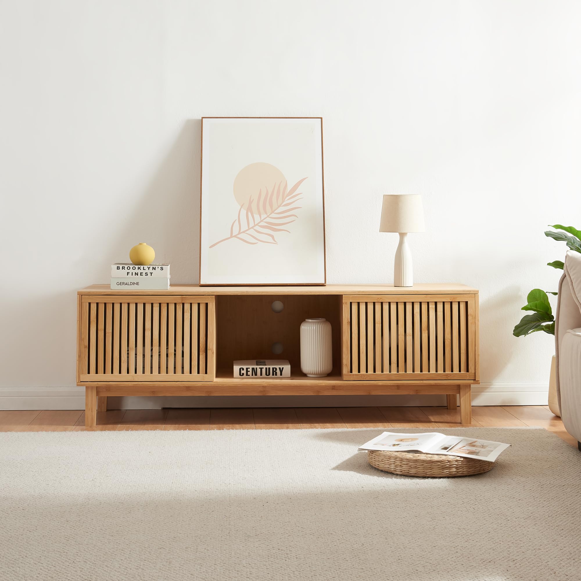 [en.casa] Mobile TV Tavolino Porta TV con Ante Scorrevoli Mobile Basso con Scomparti e Fori Passacavi Stand TV e Centri Multimediali 150x42x50 cm Bambù Naturale