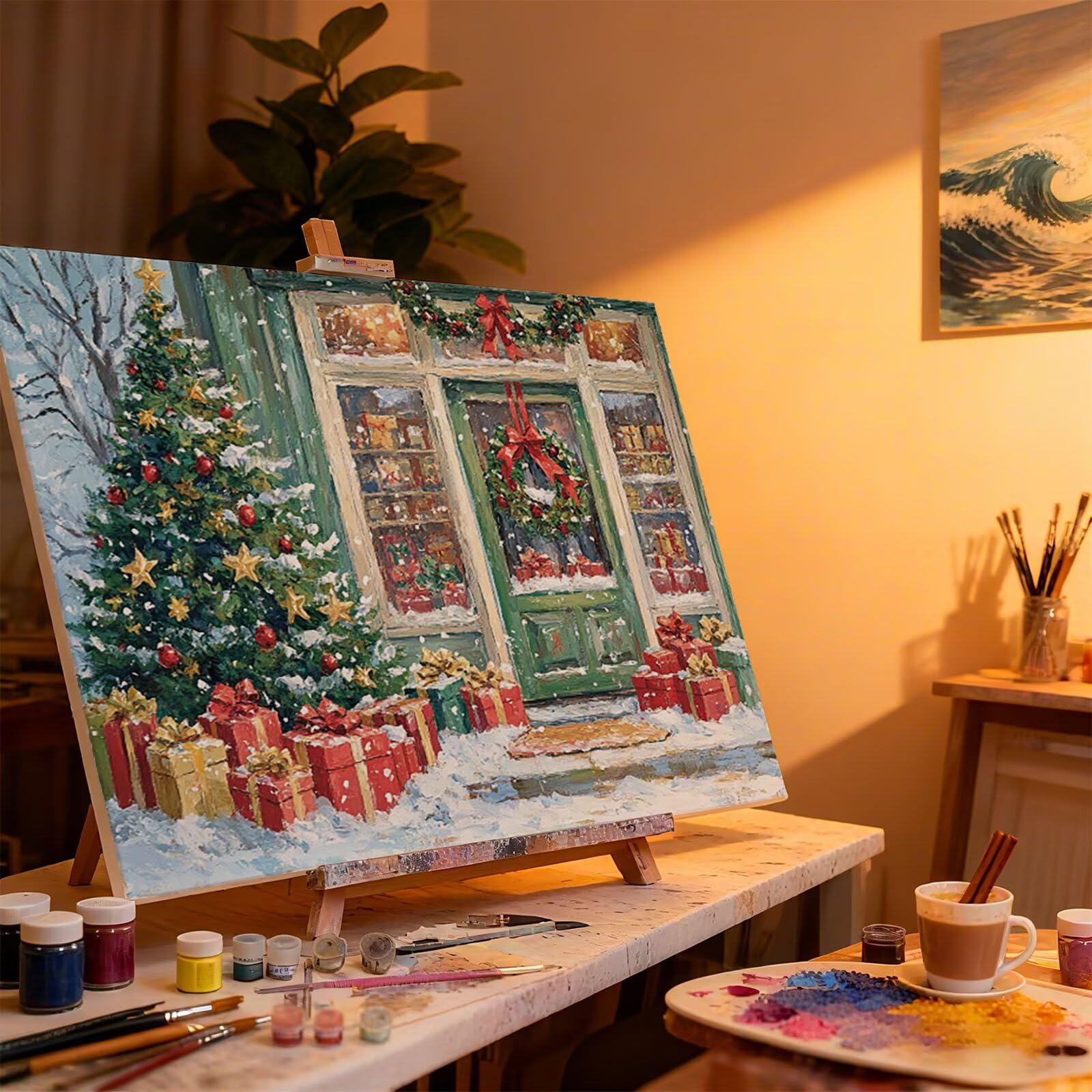 Peinture Numero Adulte NoëL Coloriage par Numero Adulte Cabine DIY Paint by Numbers, avec Pinceaux Peinture Loisir Creatif Enfant Numéro D'art Cadeau Femme, Pour Decoration Maison 60x80cm H - 551