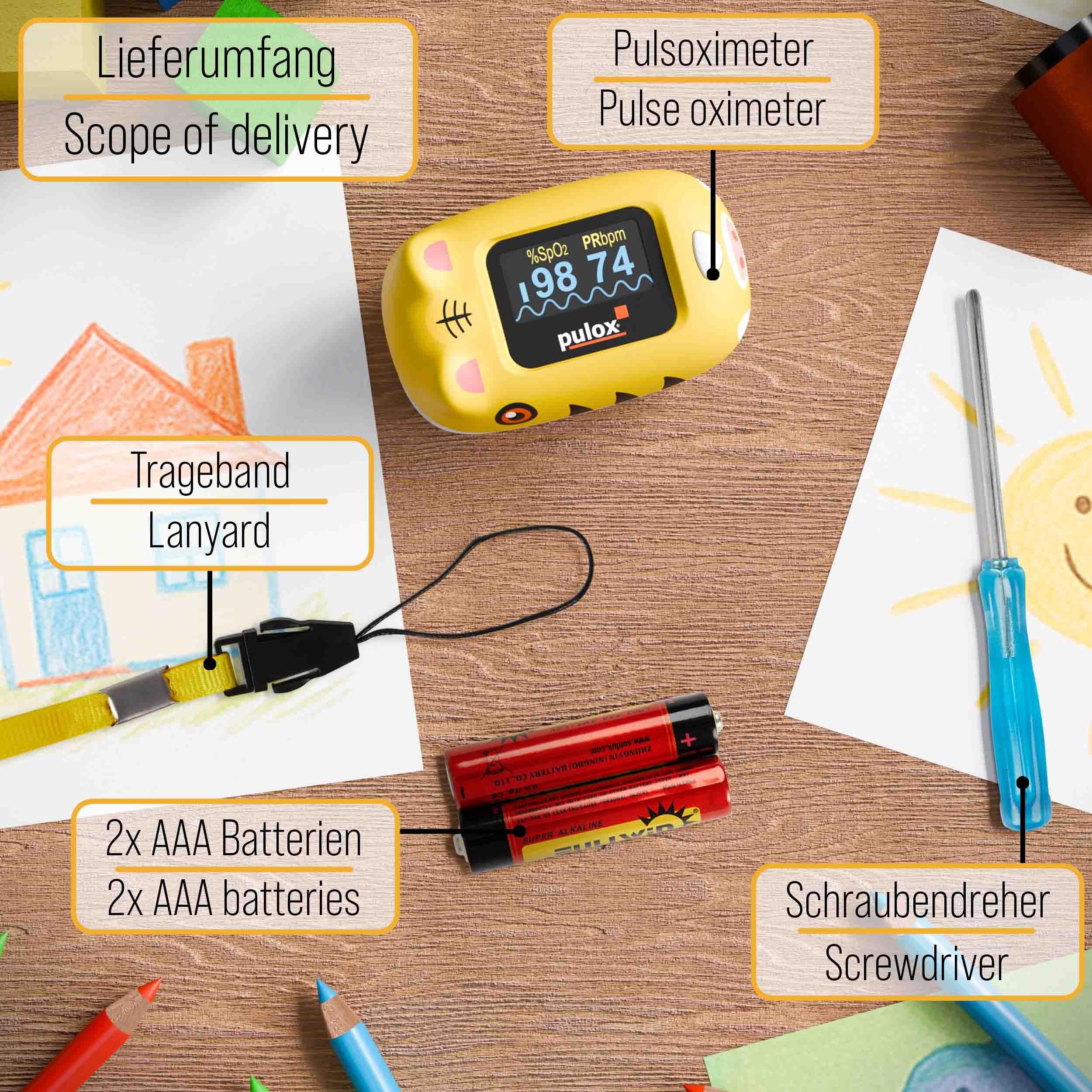 Pulox PO-230 Kinder Pulsoximeter Gelb zur Messung von SpO2 und Puls | Misst Sauerstoffsättigung und Puls in wenigen Sekunden, inklusive Sticker zum individuellen Bekleben und Gestalten