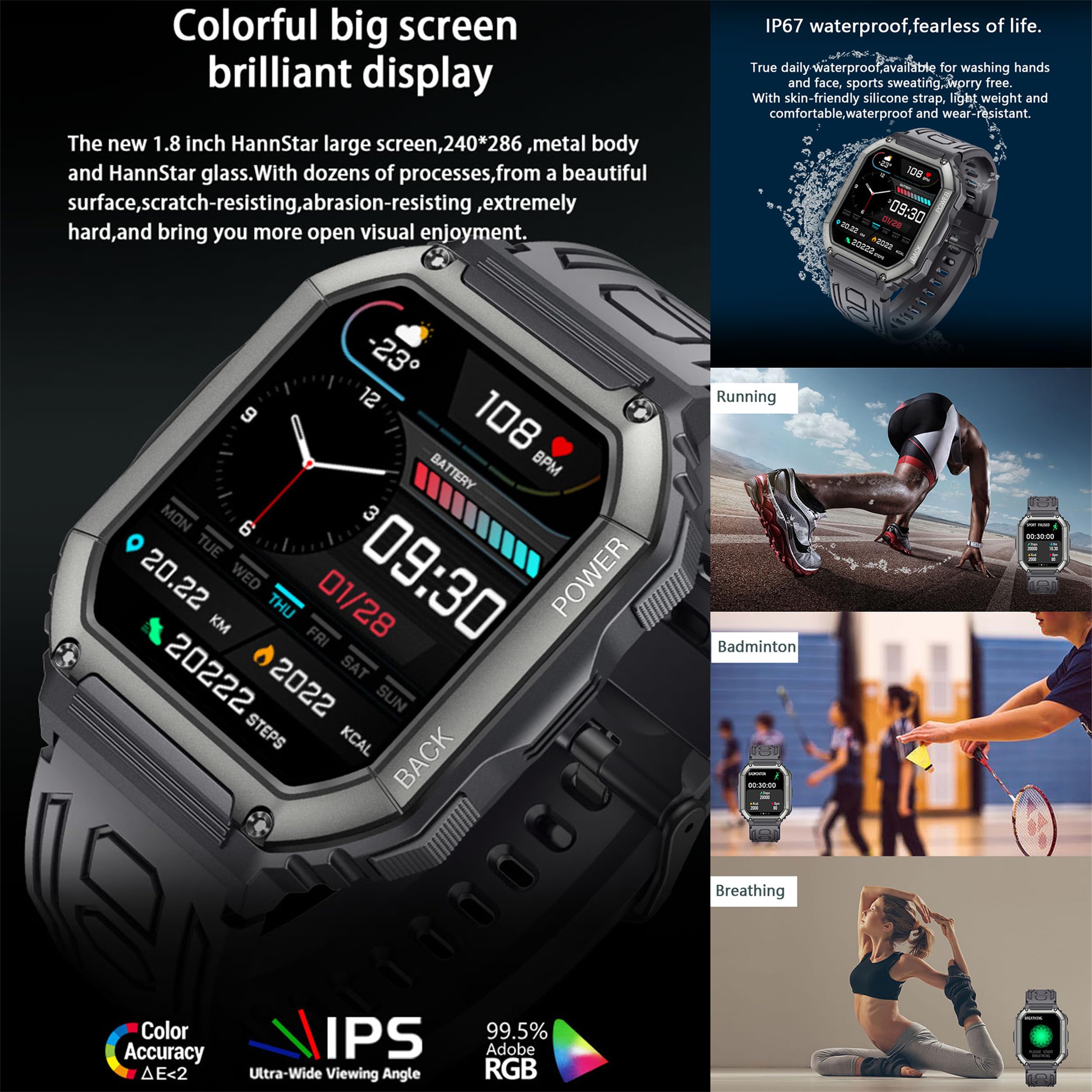 Reloj Inteligente Hombre con Llamadas, 1,8” AMOLED 5ATM Smartwatch Deportivo con Podometro Pulsometro SpO2 Sueño Presion Arterial Pulsera Actividad 5ATM Reloj para iOS Android, 3 Correas (Negro)