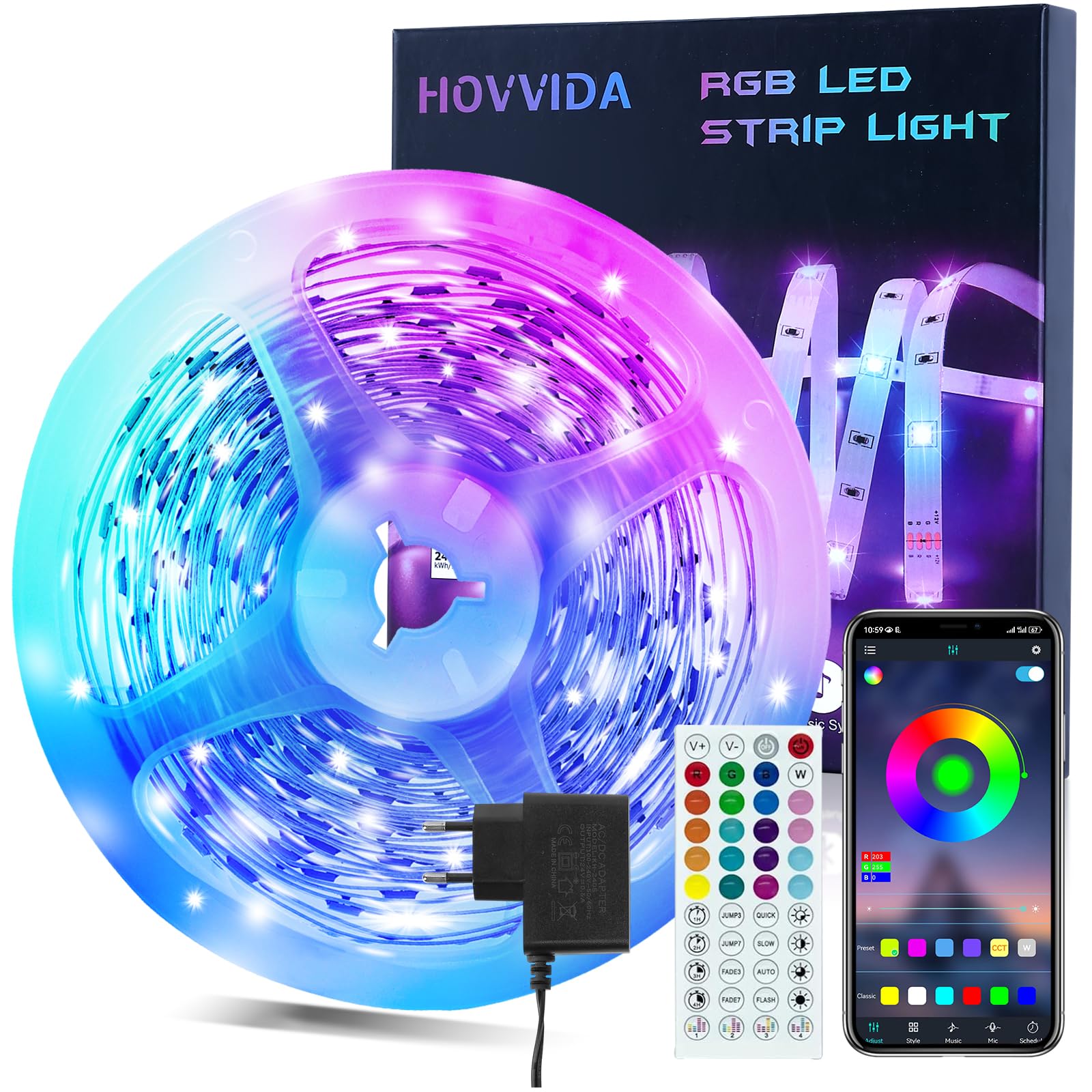 HOVVIDA LED Strip 10M, 1x10M, 30 LEDs/Meter, RGB LED Streifen, 300 LED, APP und Fernbedienung, Musikmodus, Timing-Modus, LED für Zimmer, Wohnzimmer, Küche, Schlafzimmer, Bar, Party