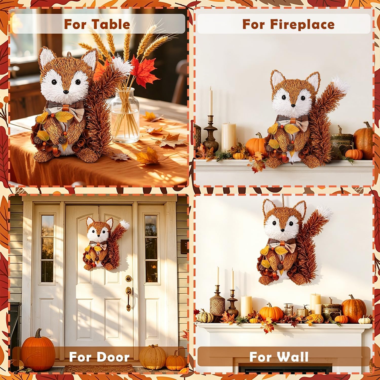 Glintoper Fall Wreath for Front Door, 13.4" Thanksgiving Straw Fox Figurine with Woodchip Pinecone, Hanging Harvest Autumn Gifts, Tabletop Centerpieces, Woodland Animal Home Kitchen Office Decor