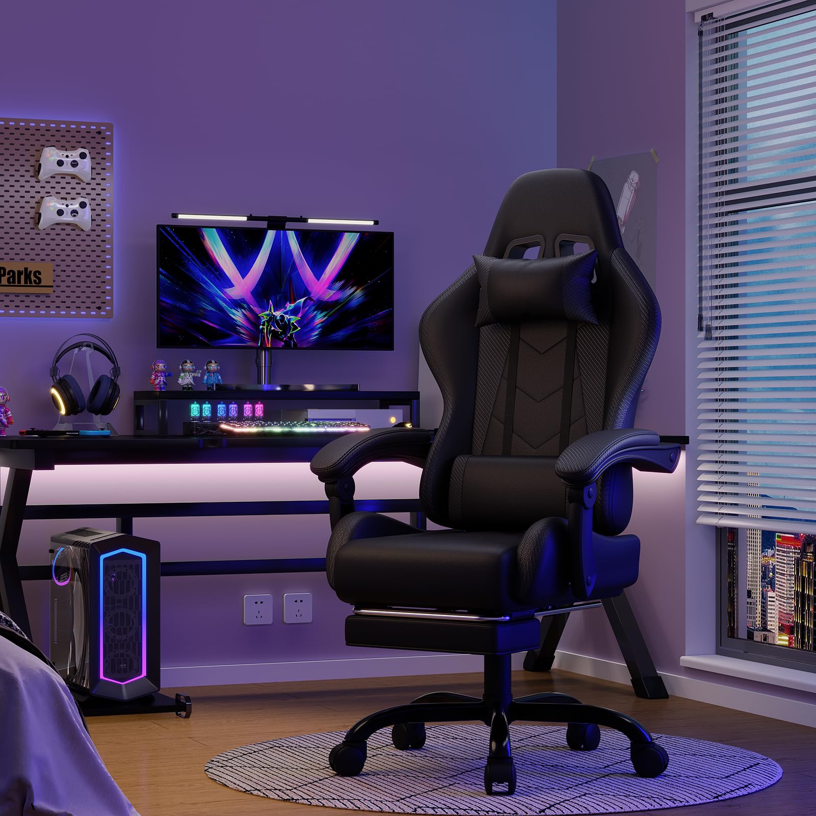 Devoko Ergonomischer Gaming Stuhl mit Massagefunktion und ausziehbarer Fußstütze, verstellbare Rückenlehne 90-135°, Komfortabler Bürostuhl für Home Office, Computersessel 150kg Belastbarkeit, Schwarz