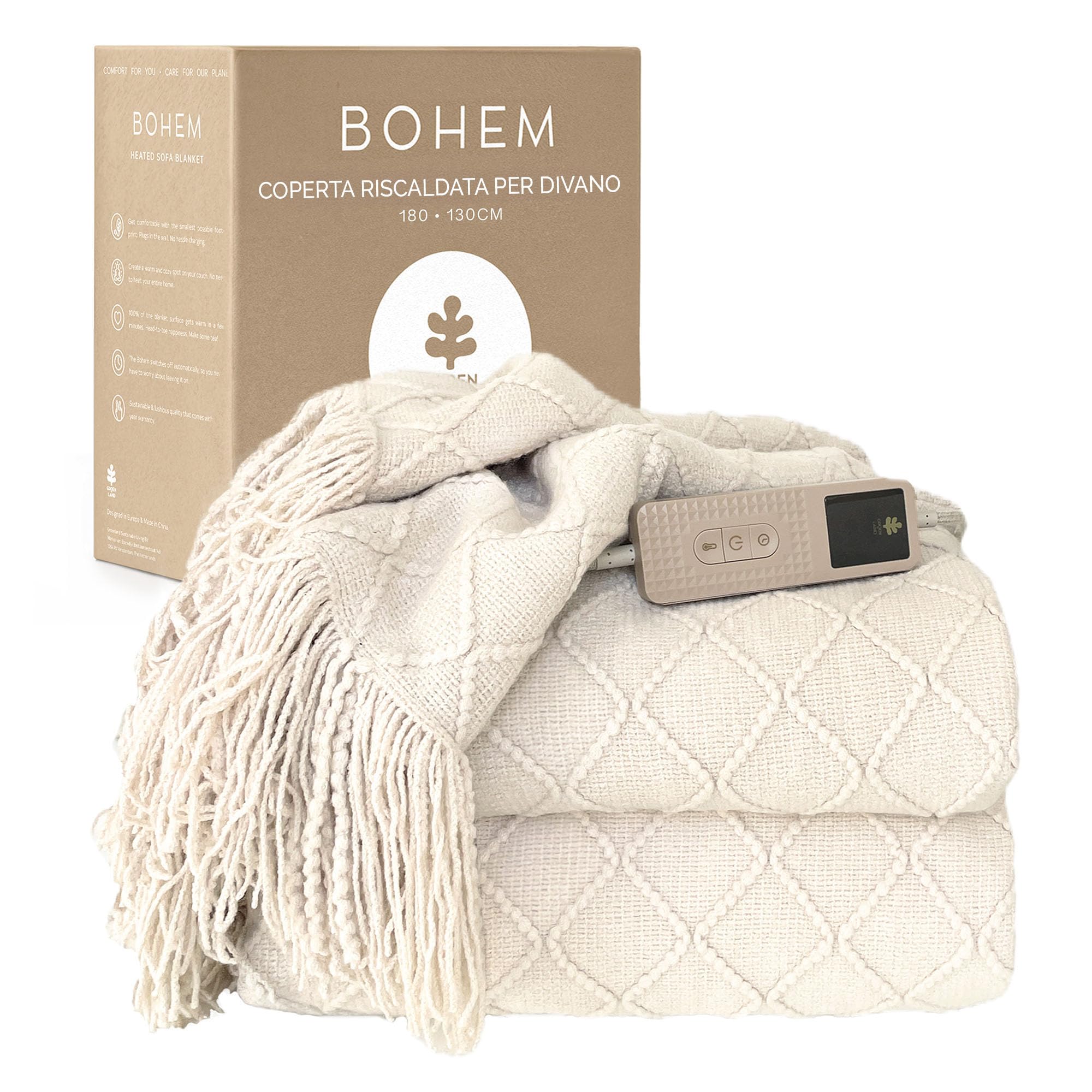 Groenland BOHEM - Coperta elettrica riscaldata, 180 x 130 cm, 9 livelli di calore e timer per spegnimento automatico, morbida coperta elettrica lavabile per divano e letto