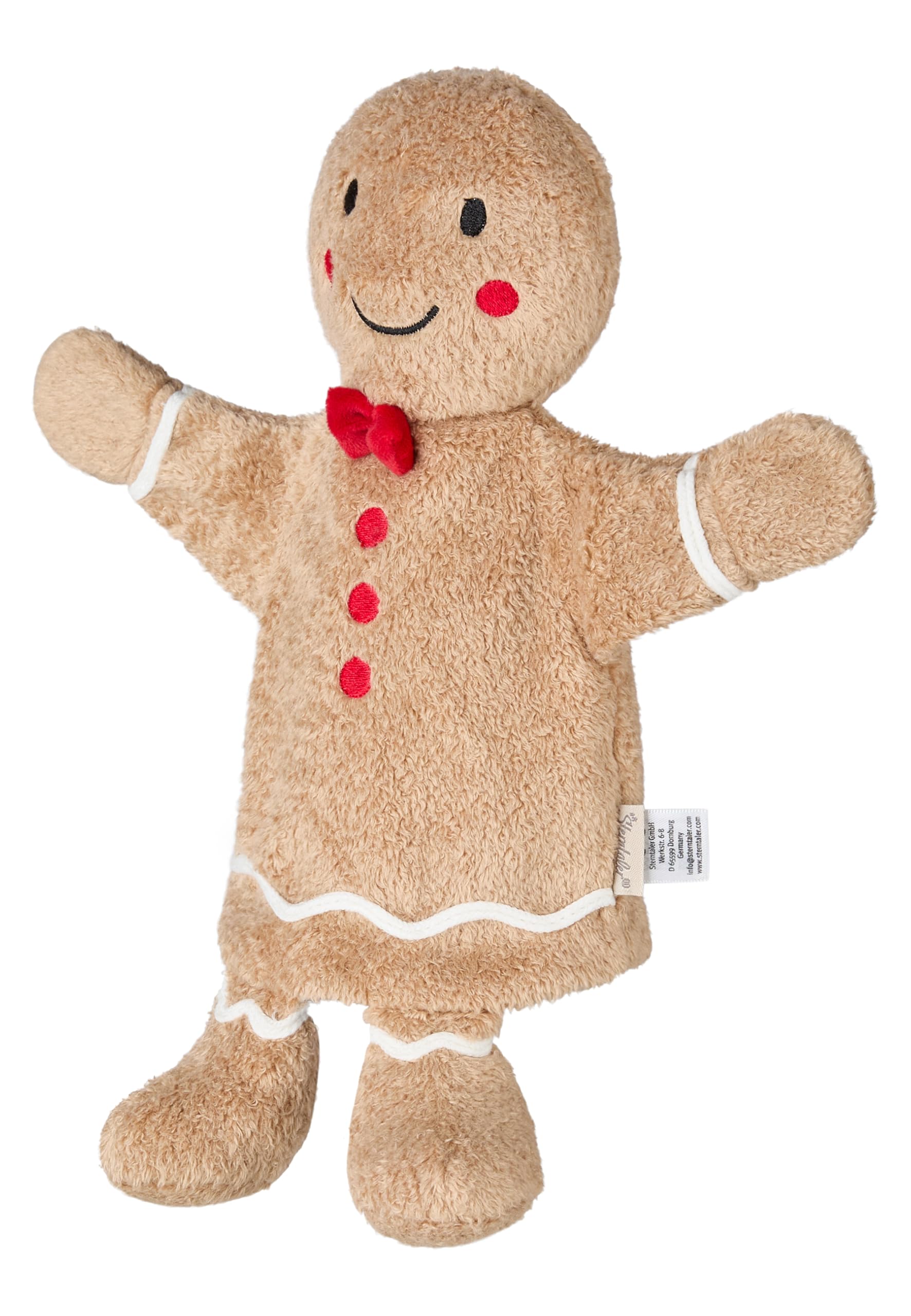 Sterntaler Hand Puppet Gingerbread Man Kids Baby Toy Soft Fluffy Cute Bow Padded with Polyester Wadding 30×27×6cm - Gingerbread Brown