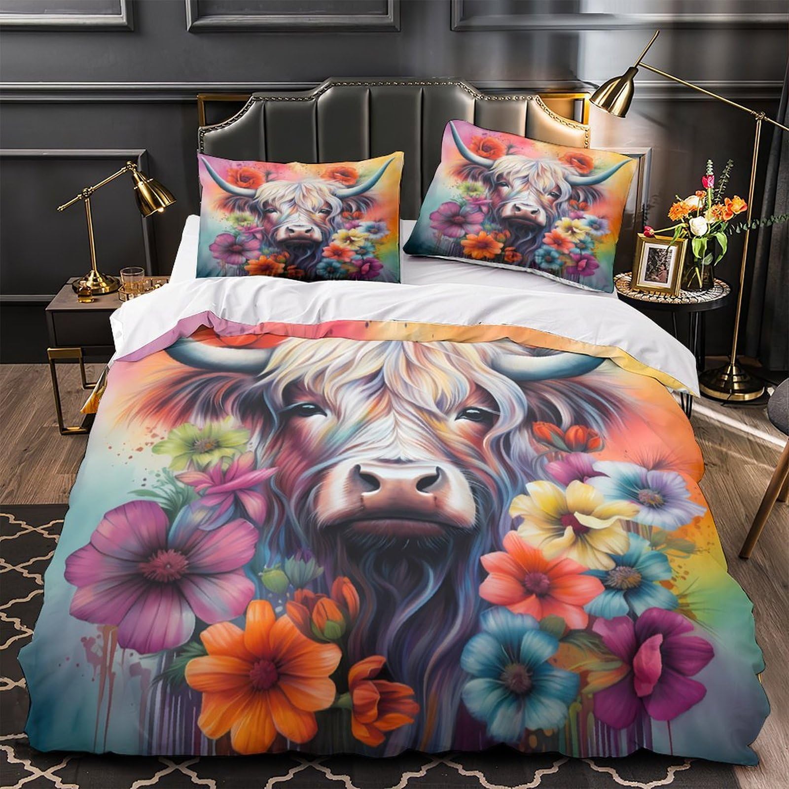 Floral Cow Art Quilt Cover 3D Print Premium 3 Pieces Bed Set Hidden Zipper Duvet Cover Extra Soft Wrinkle-Resistant for Adults Kids Teens Women Youth Teenagers Super king（260x220cm）