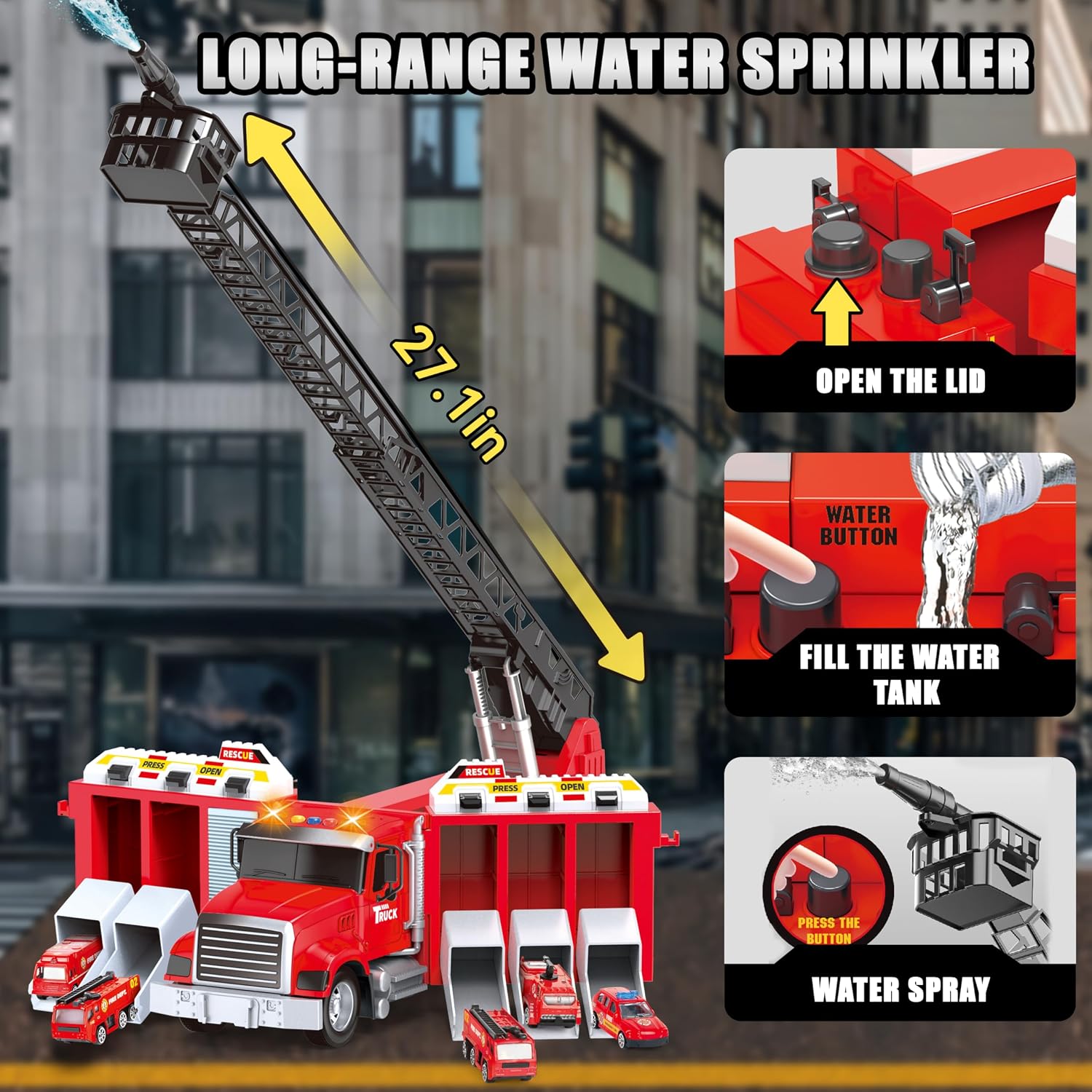 Inertial Drive Fire Truck Toy for 2 Year Old 27+'' Liftable Ladder/180° Rotatable Water Sprinkler , 6 Alloy Rescue Car Fire Trucks Playset, Light/Sound Firetruck Toys 3-5 Years Old w/Openable Carriage
