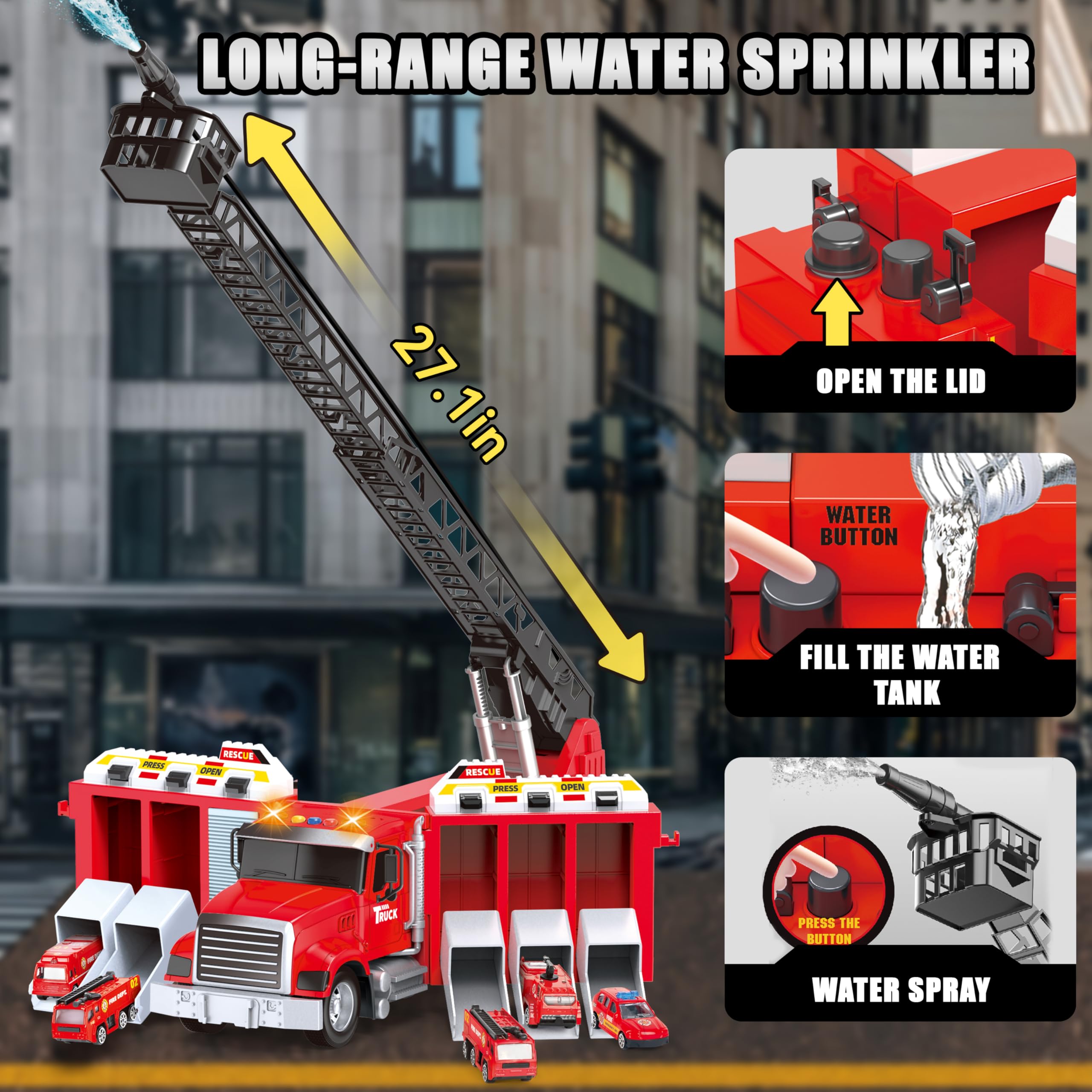 6in1 Large Water Fire Truck Toy w/6 Race Cars